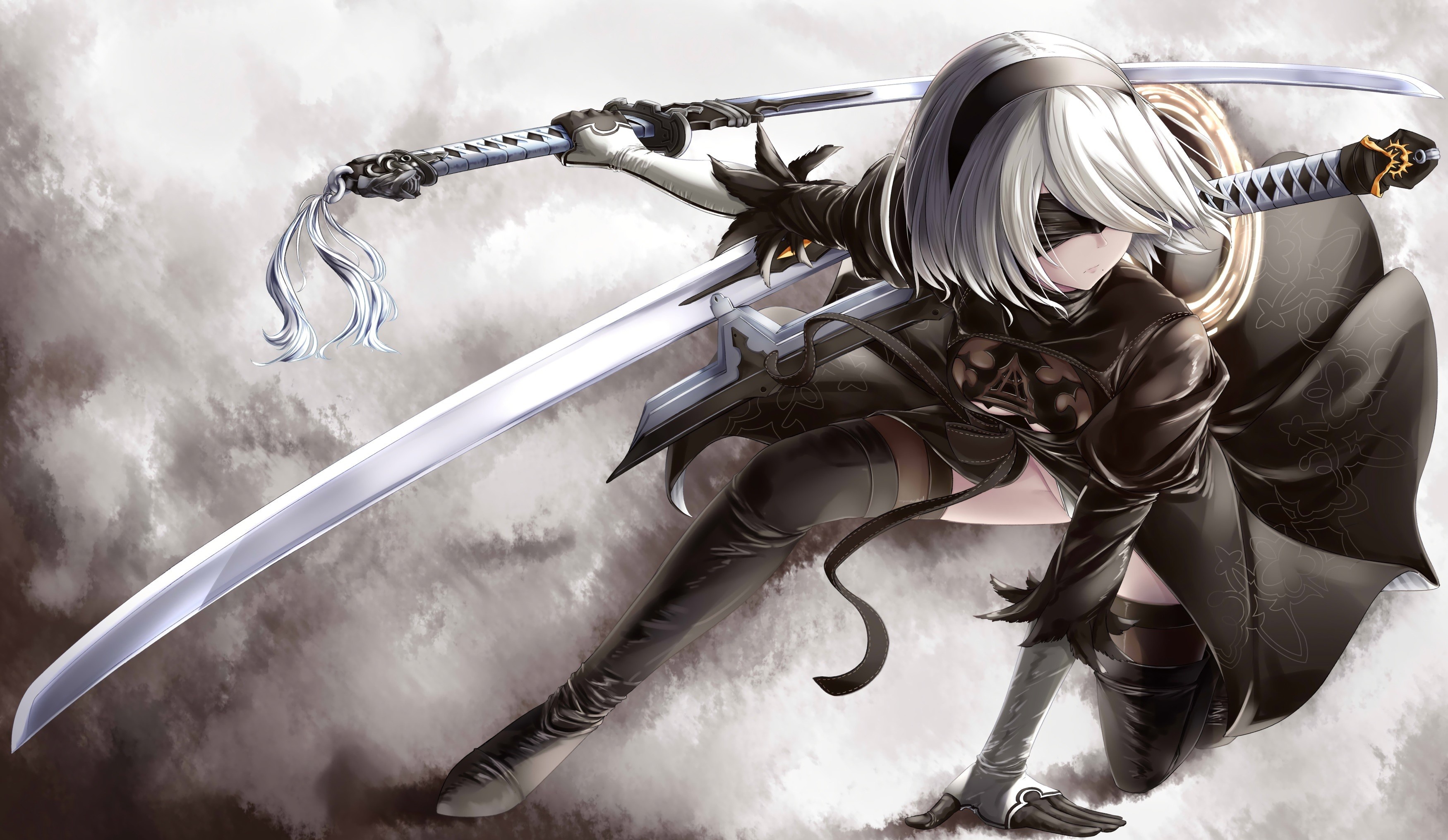 2B from NieR:Automata, Virtuous Contract katana, Black YoRHa combat attire, HD Desktop wallpaper