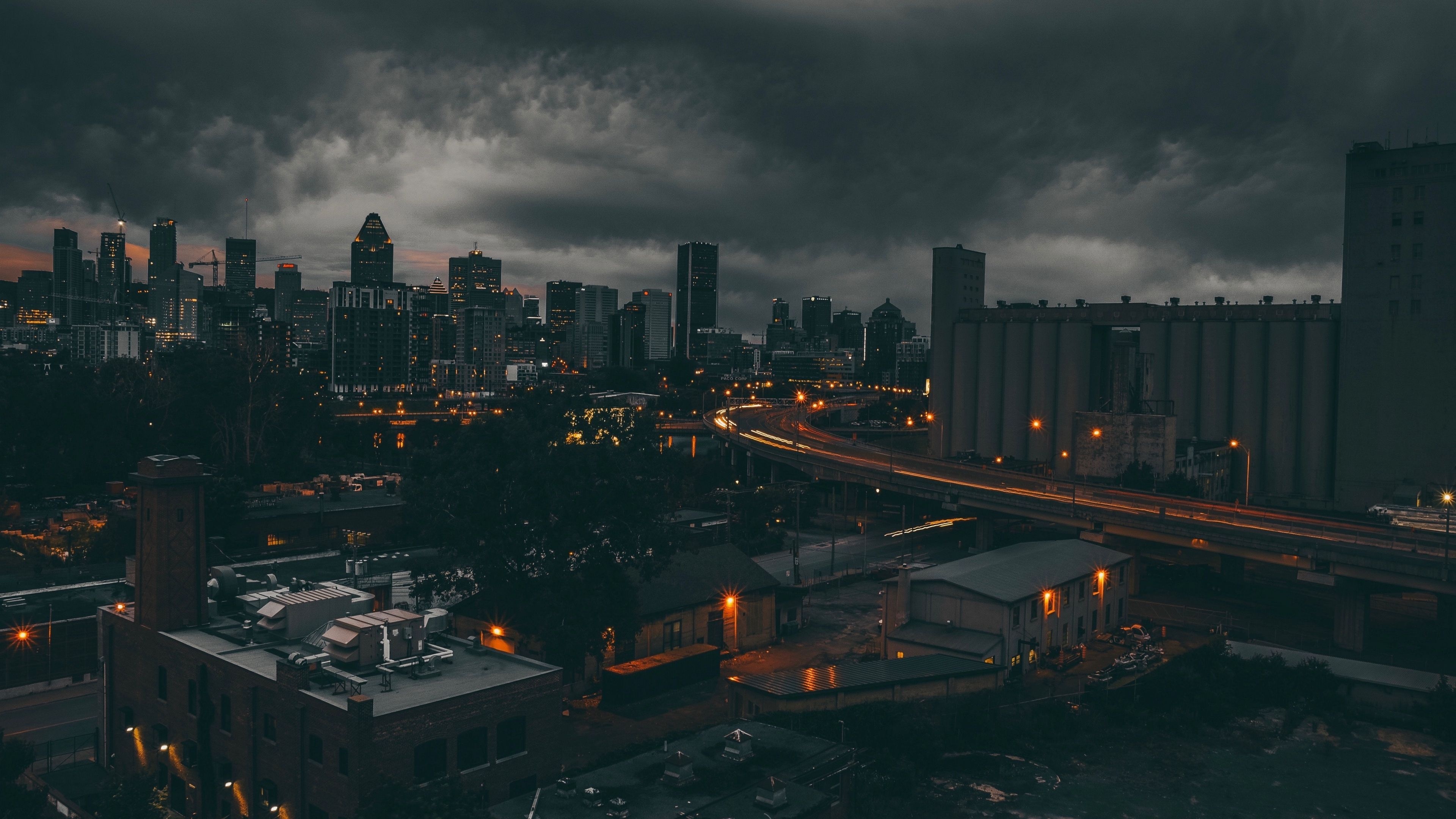 Montreal skyline, Silo No. 5, stormy dark night sky, 4K Desktop wallpaper