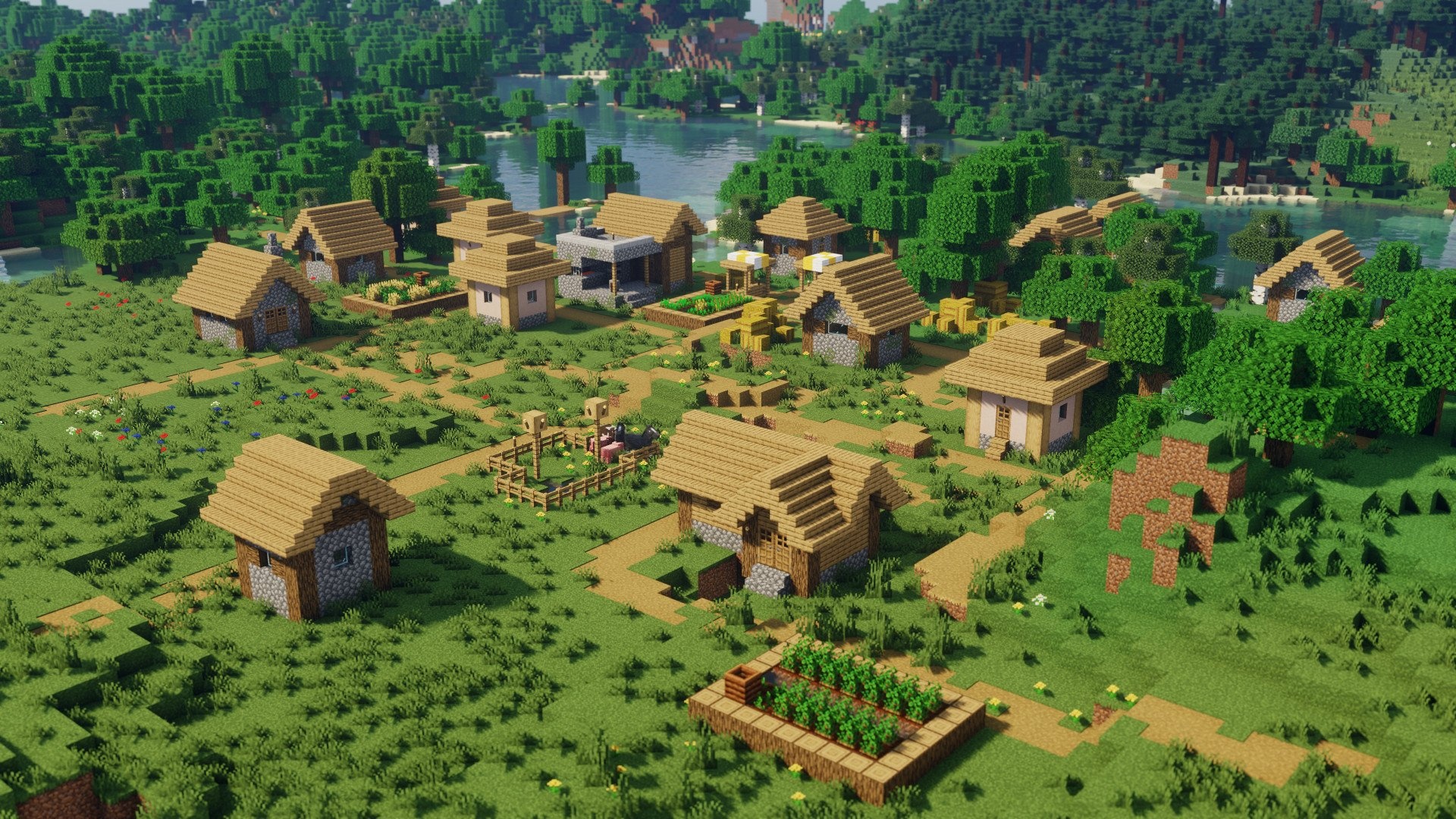 Minecraft plains village, Minecraft village farmland, Minecraft shader landscape, Full HD Desktop wallpaper