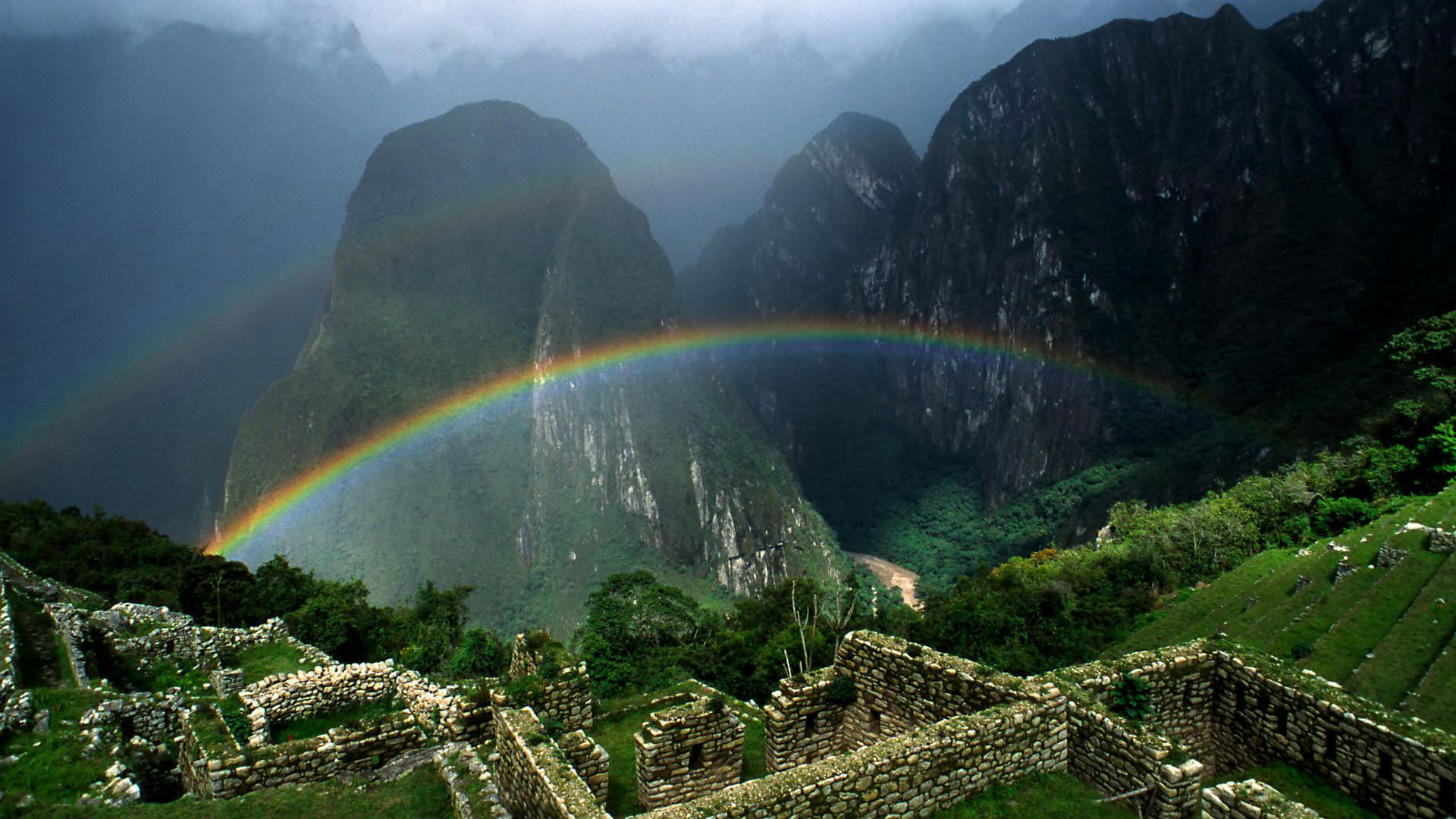 Machu Picchu ruins, Rainbow over Huayna Picchu, Andes mountain peaks, Full HD Desktop wallpaper
