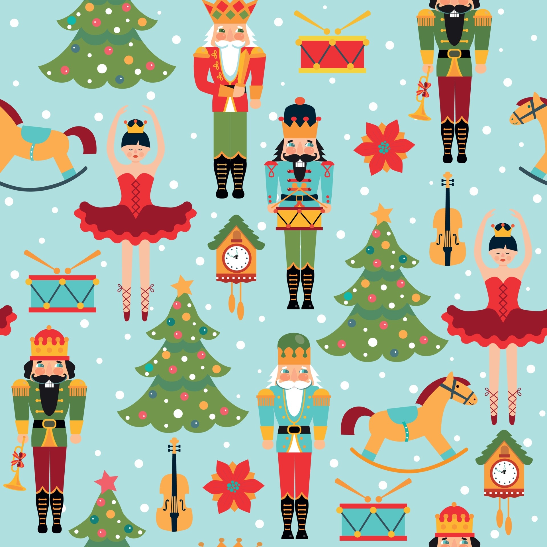 Christmas seamless pattern, Tree clock ballerina, Violin, Nutcracker, 1920x1920 HD Phone
