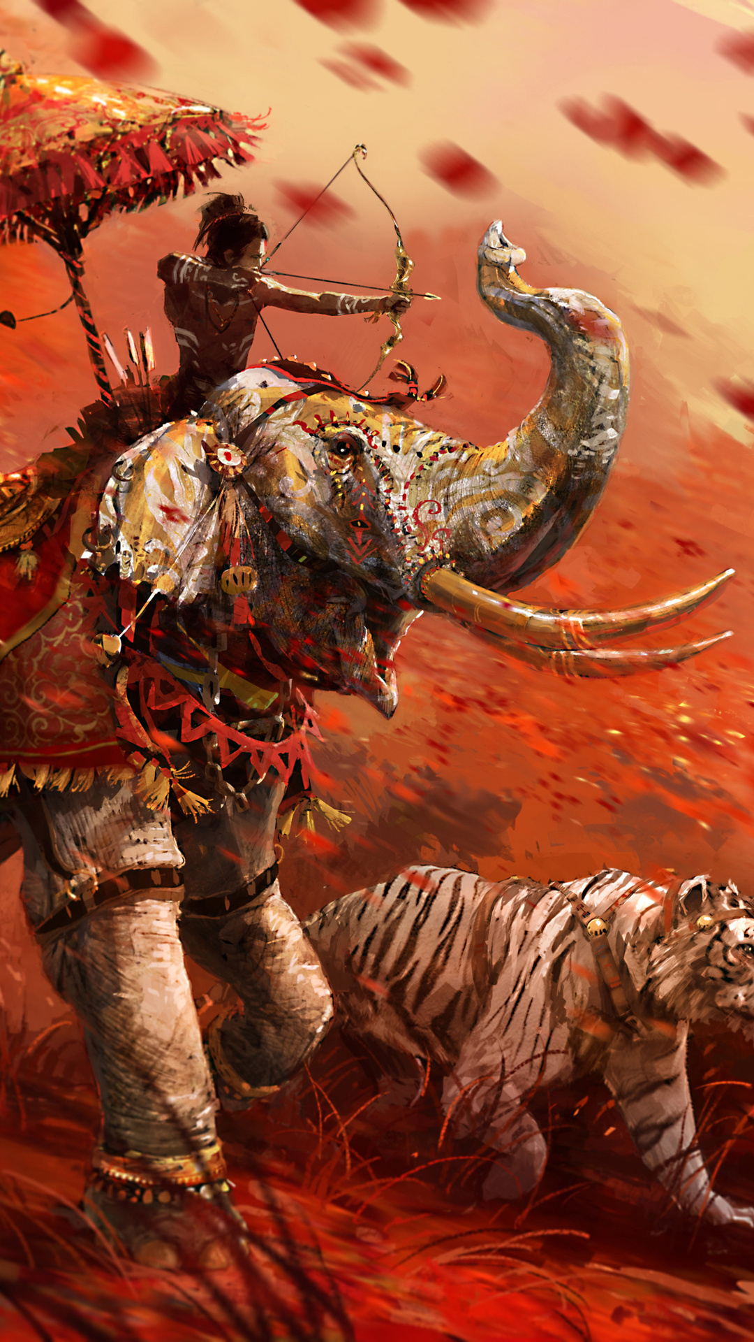 Far Cry 4 Kalinag, Shangri-La war elephant, Shangri-La white tiger, Full HD Phone wallpaper