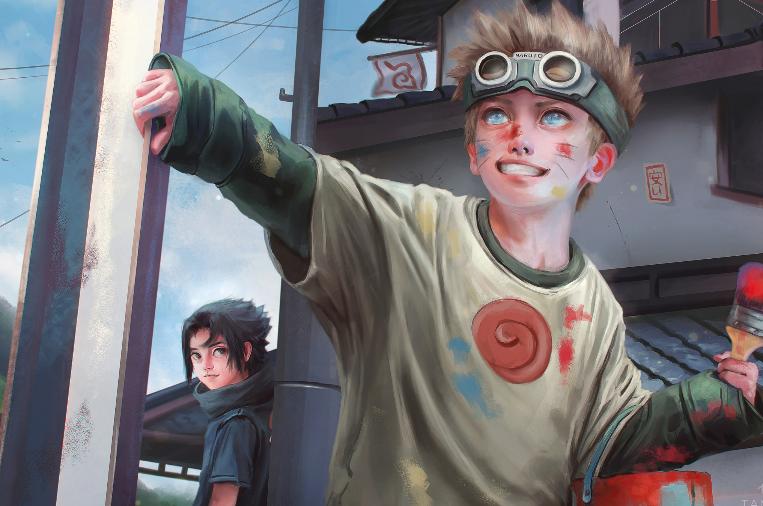 young Naruto Uzumaki, young Sasuke Uchiha, paint bucket and brush, HD Desktop wallpaper