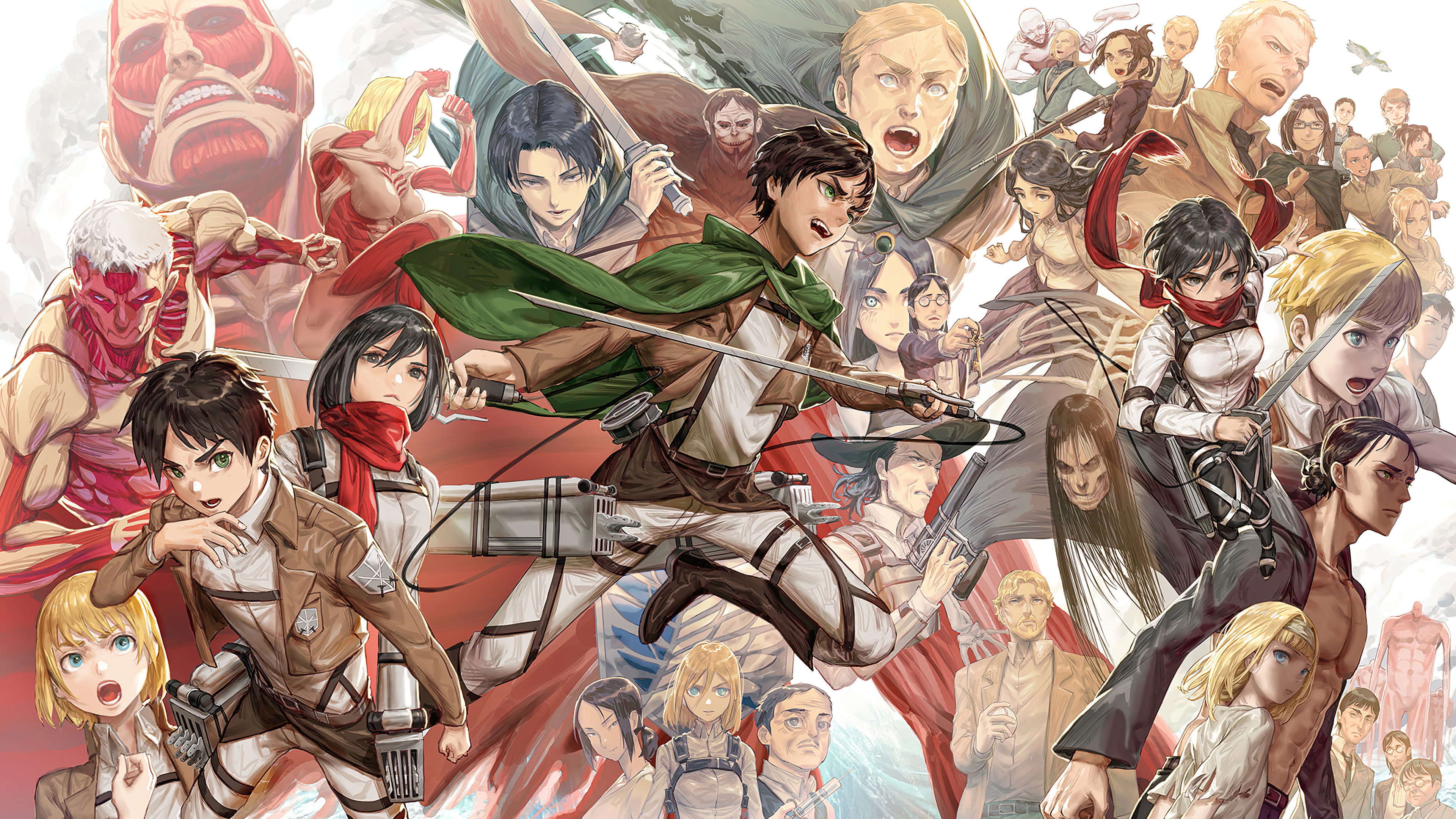 Mikasa Ackerman, Eren Yeager, Levi Ackerman, Armin Arlert, Erwin Smith, 4K Desktop wallpaper