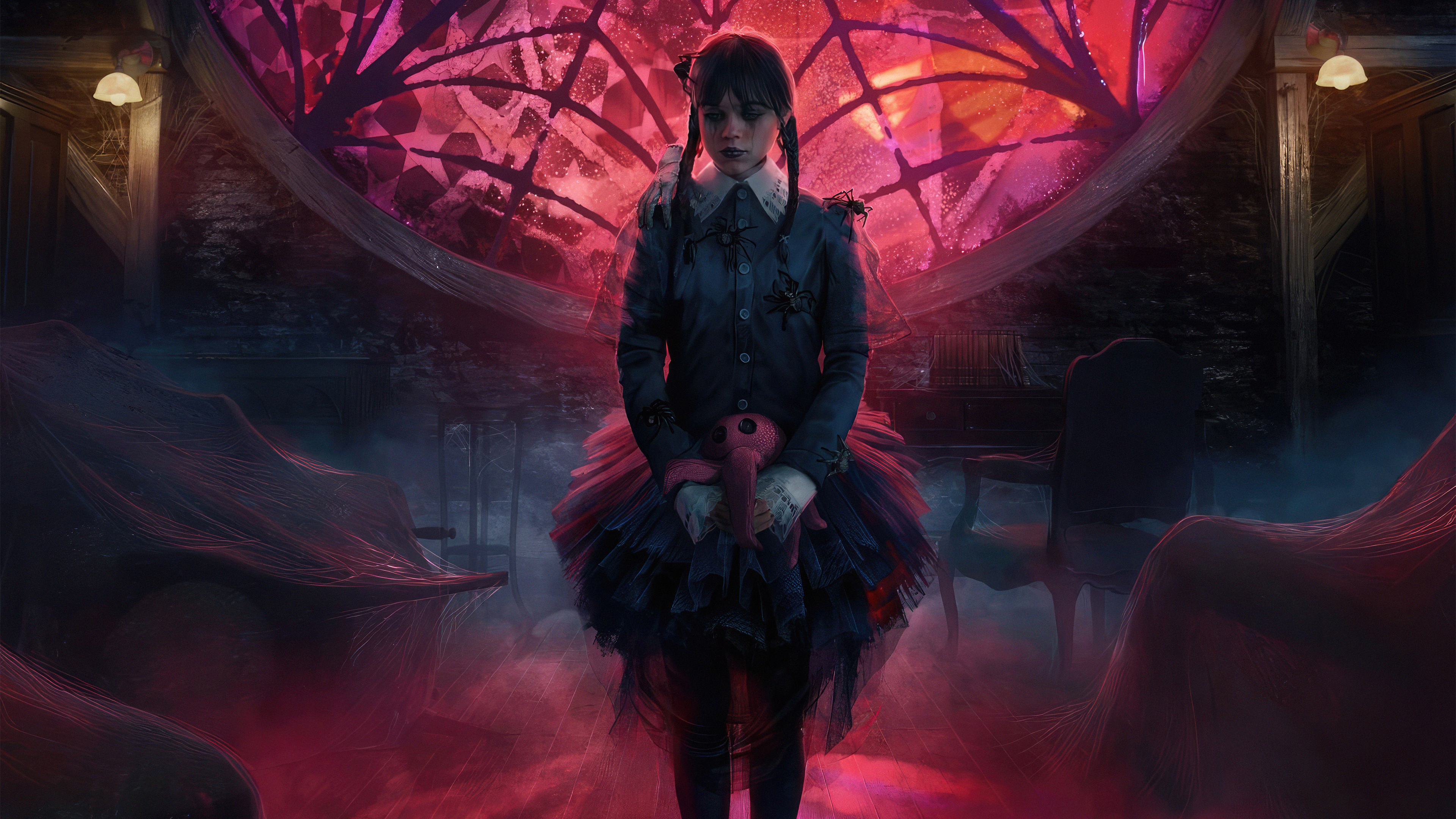 Wednesday Addams, Thing hand, Ophelia Hall spiderweb window, 4K Desktop wallpaper