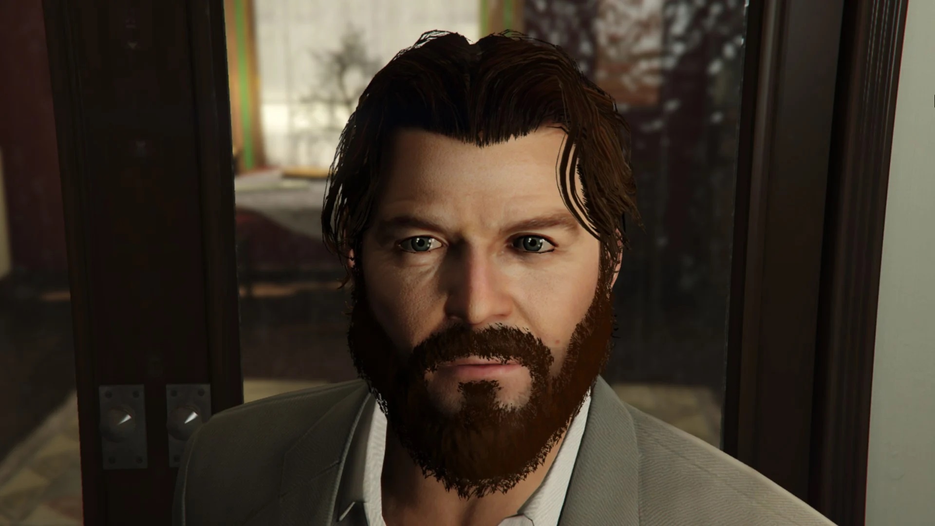 Bearded man in suit, Grand Theft Auto V render, Sunlit doorway interior, Full HD Desktop wallpaper