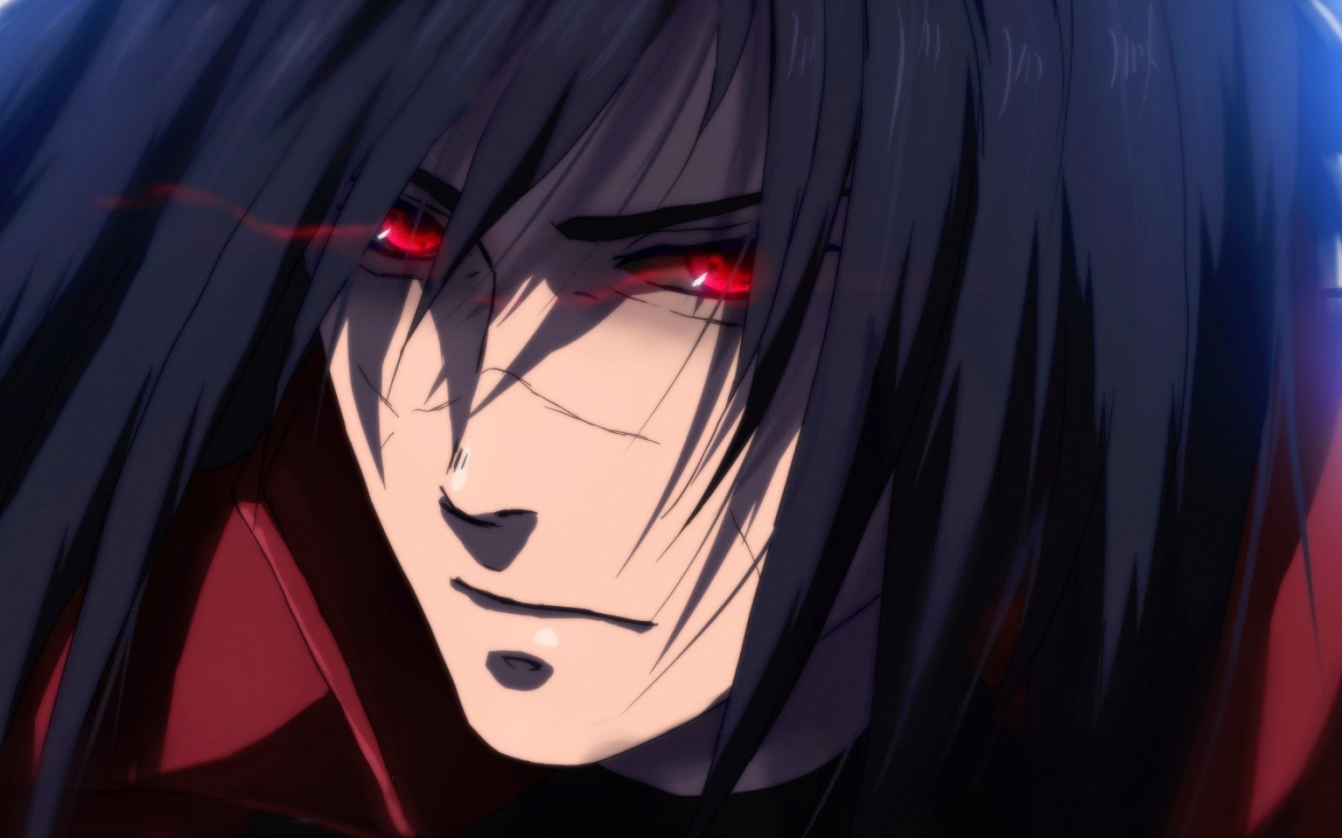Madara Uchiha, glowing red Sharingan, long black spiky hair, HD Desktop wallpaper