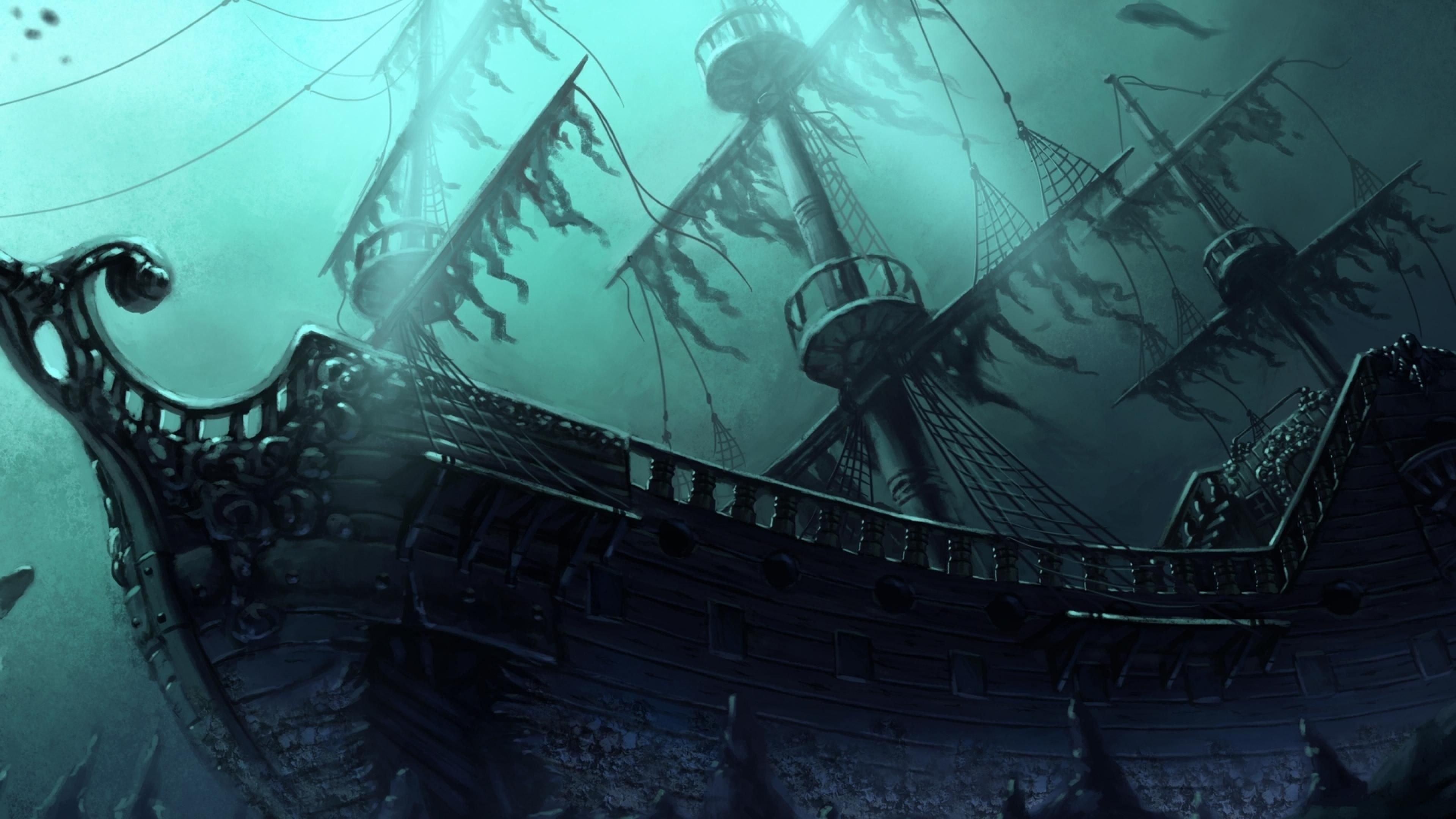 Sunken pirate galleon, Tattered sails and rigging, Teal underwater ocean depths, 4K Desktop wallpaper