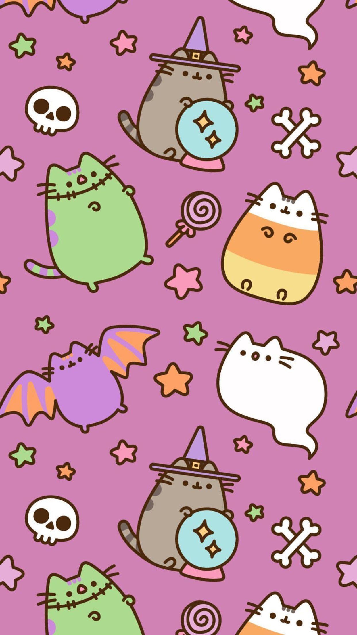 Pusheen the Cat, Halloween Pusheen pattern, Witch Pusheen, Ghost Pusheen, HD Phone wallpaper