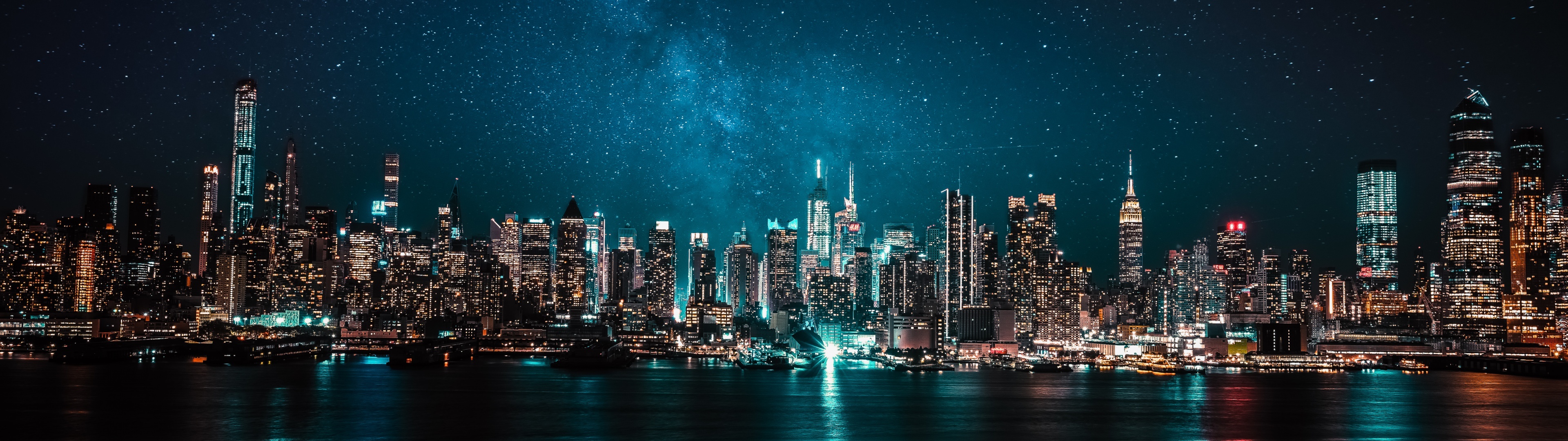 Night NYC, Skyline, Skyscrapers, Bay, Panorama, City Lights, Manhattan Waterfront, Stars