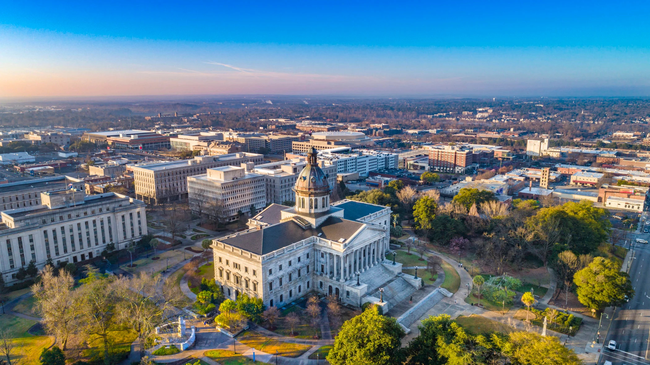 Columbia Travels, Drone Aerial View, Downtown Columbia, 2100x1180 HD Desktop