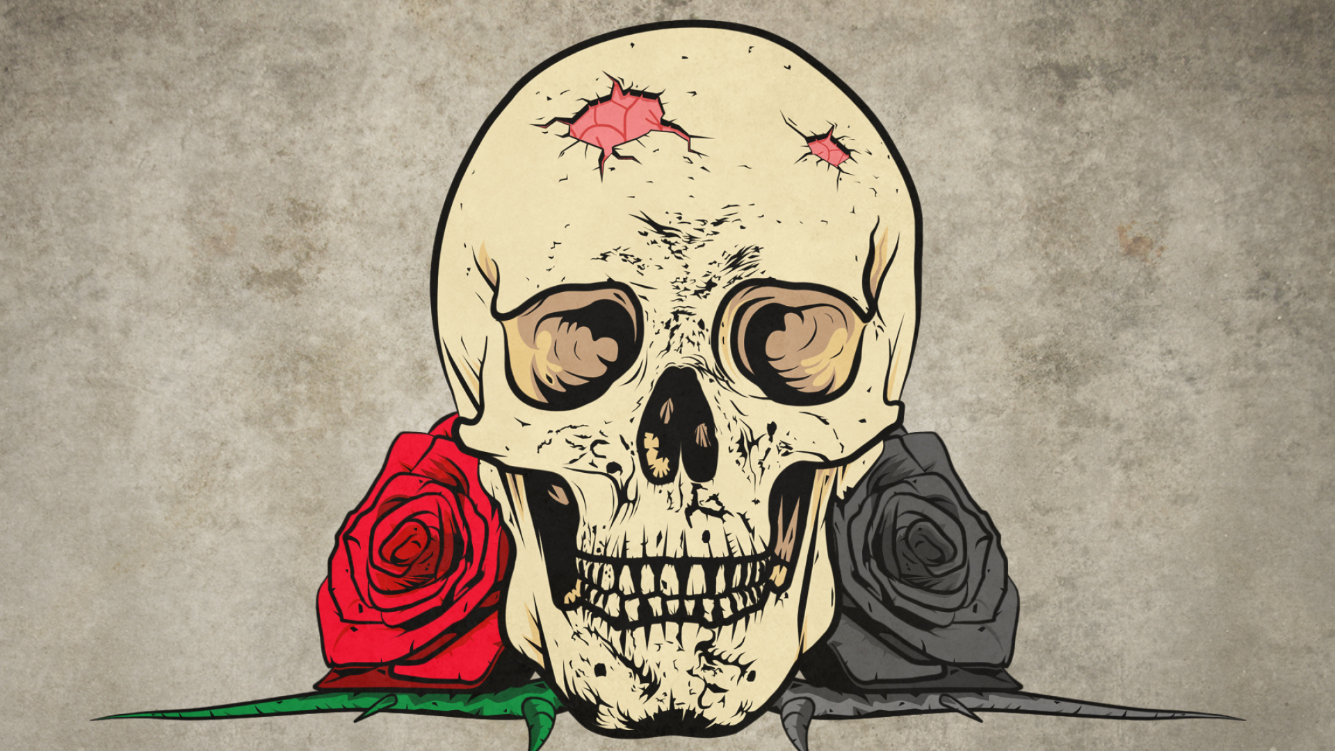 Skull with bullet holes, Red and grey roses, Concrete grey texture, Full HD Desktop wallpaper