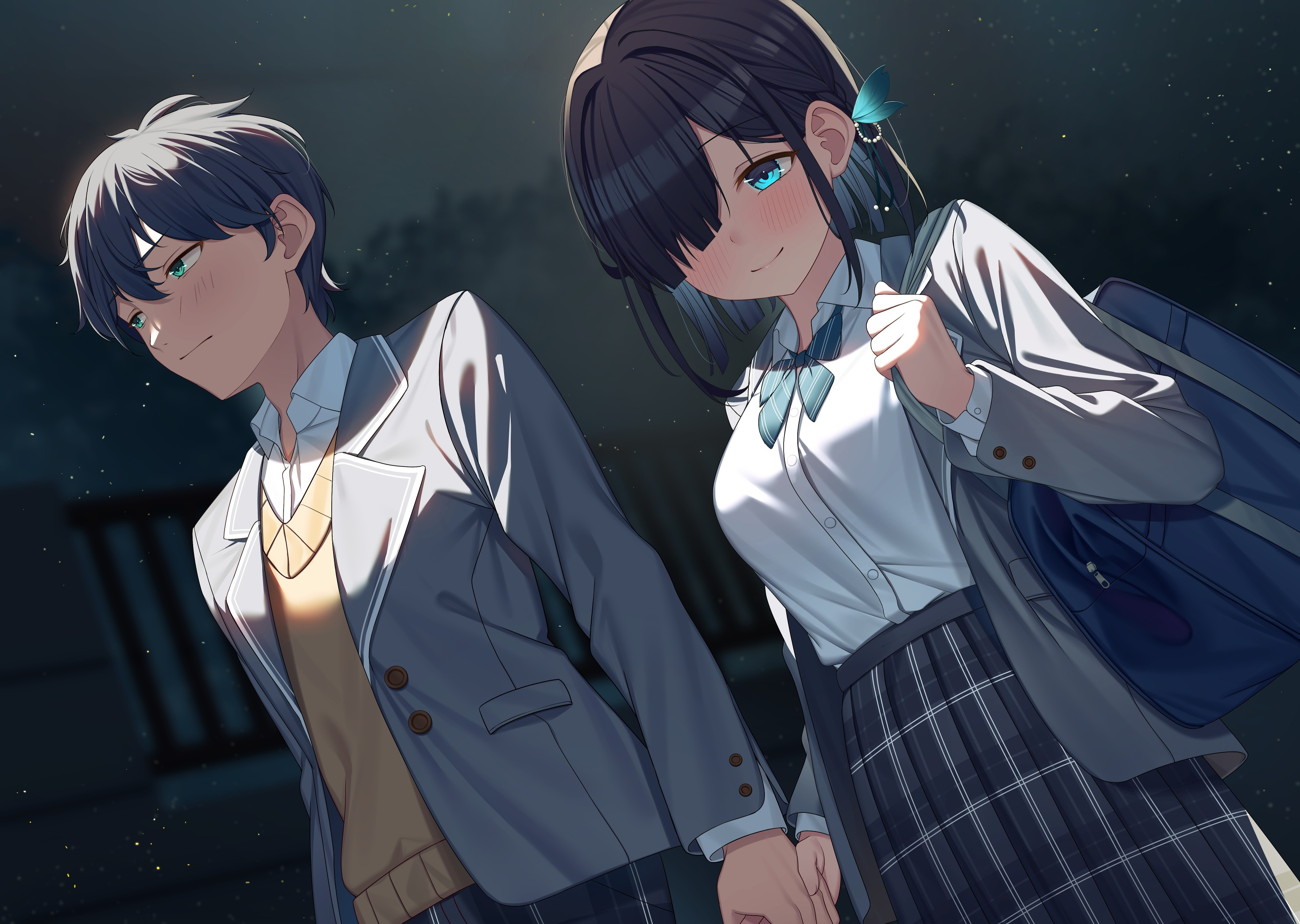 anime couple holding hands, high school uniform blazers, starry night walk, HD Desktop wallpaper