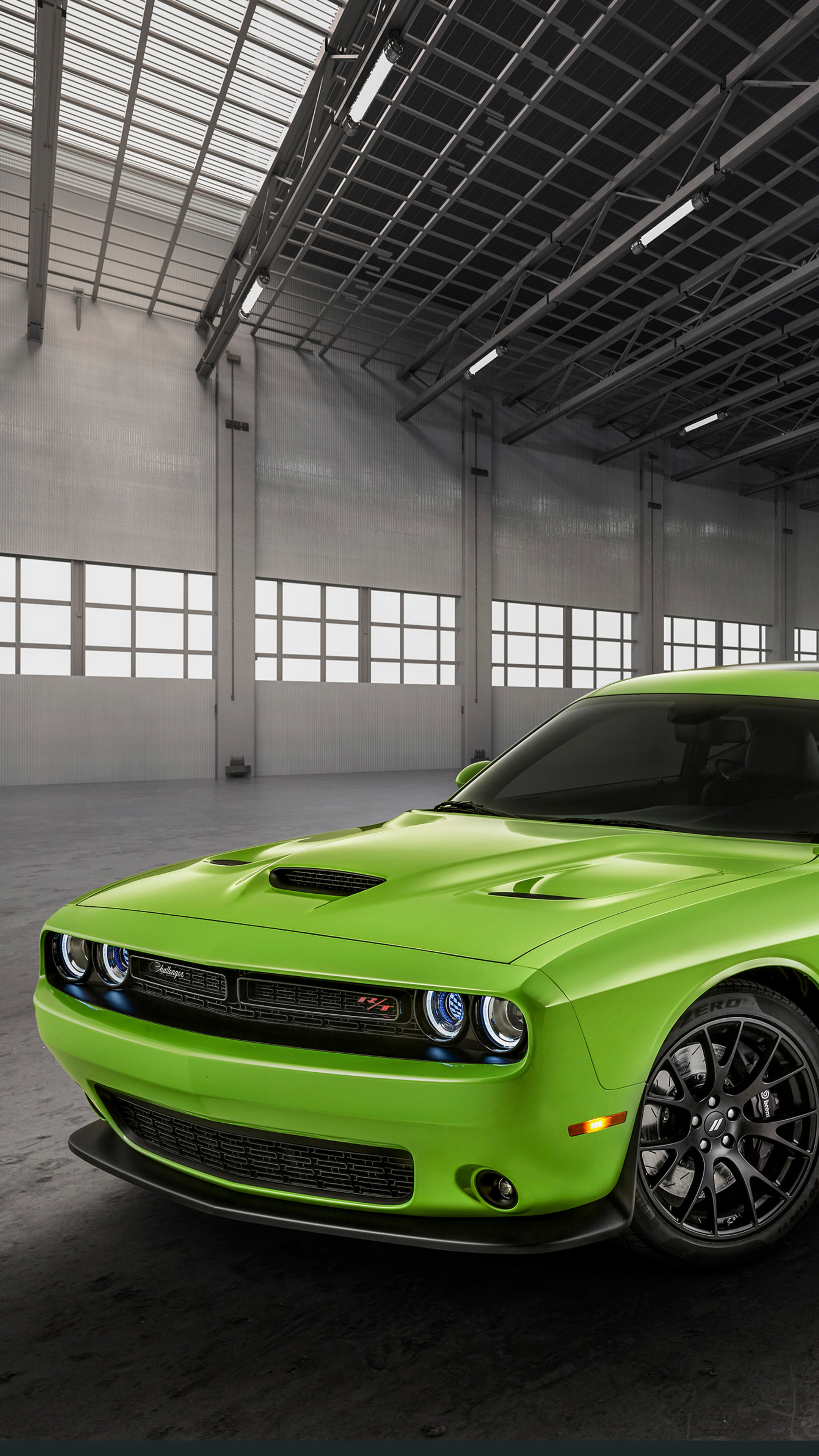Dodge Challenger R/T, industrial warehouse interior, illuminated halo headlights, 4K Phone wallpaper