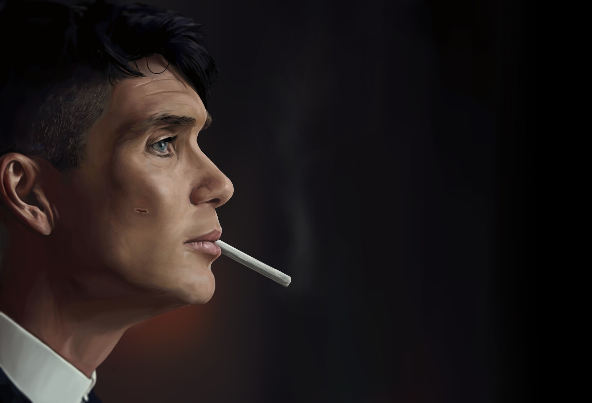 Tommy Shelby, Dark gradient background, Subtle smoke haze, HD Desktop wallpaper