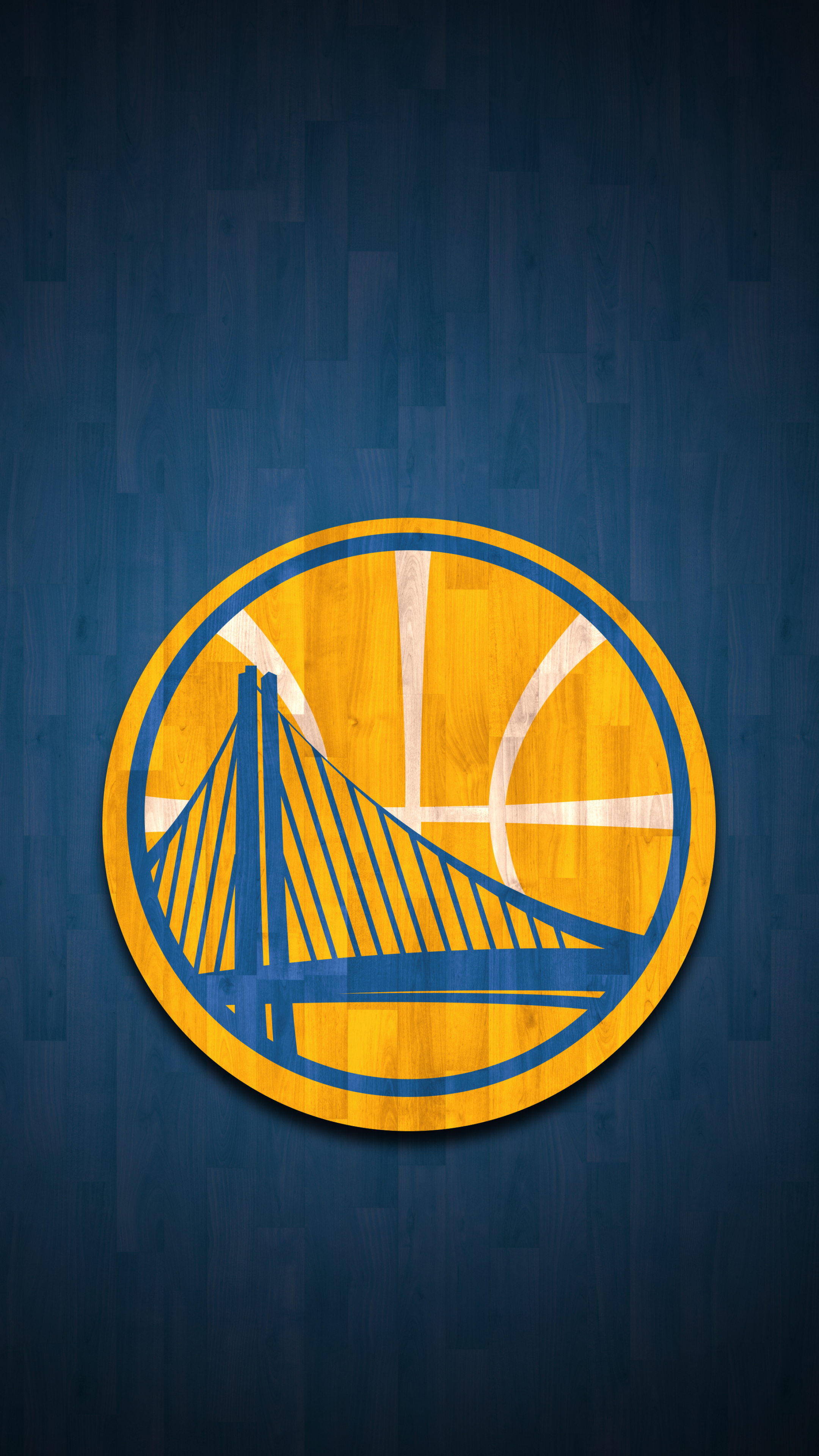 Golden State Warriors circle logo, Bay Bridge span emblem, NBA hardwood court backdrop, 4K Phone wallpaper