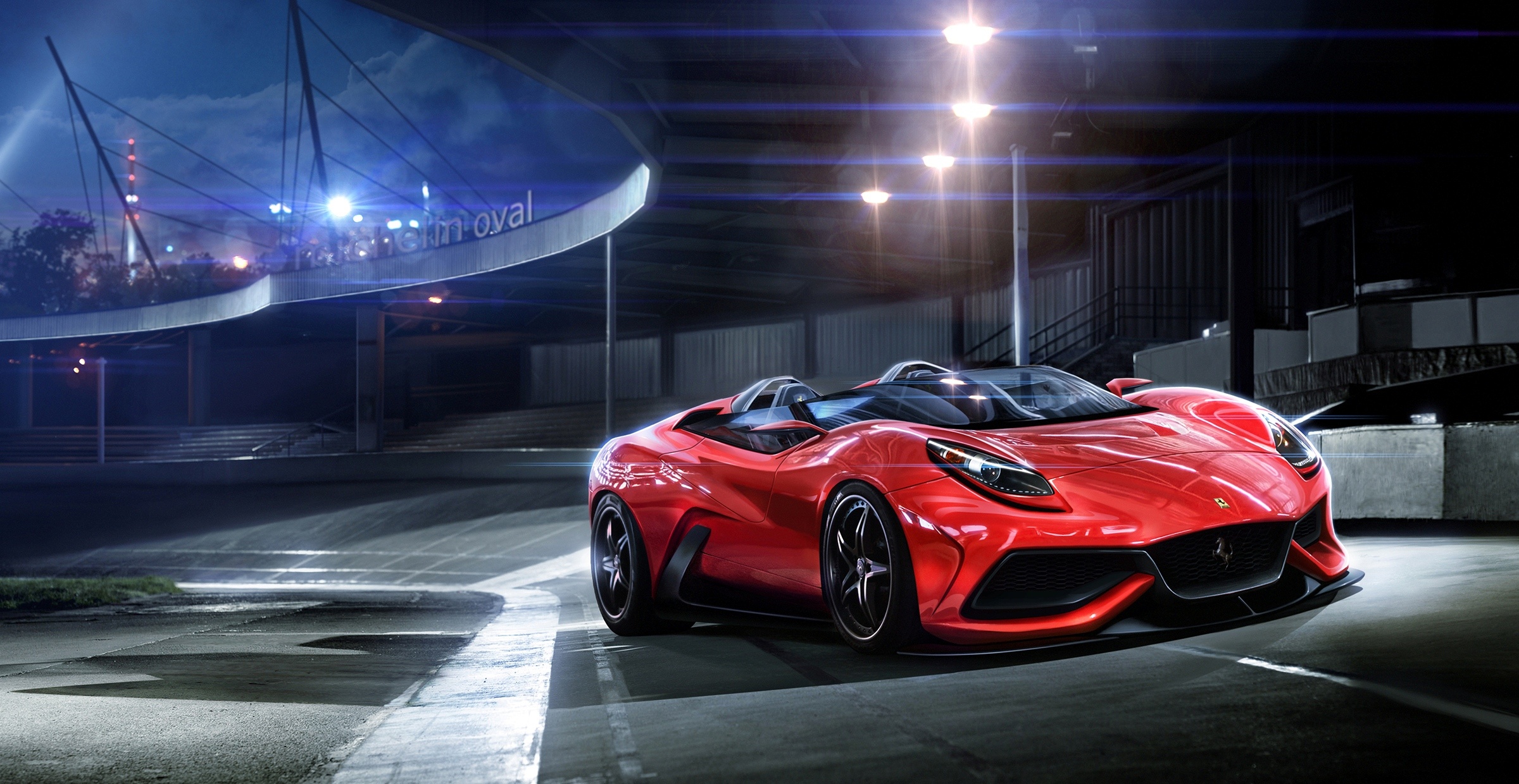 Pininfarina Sergio concept, night race track, overhead floodlights, HD Desktop wallpaper