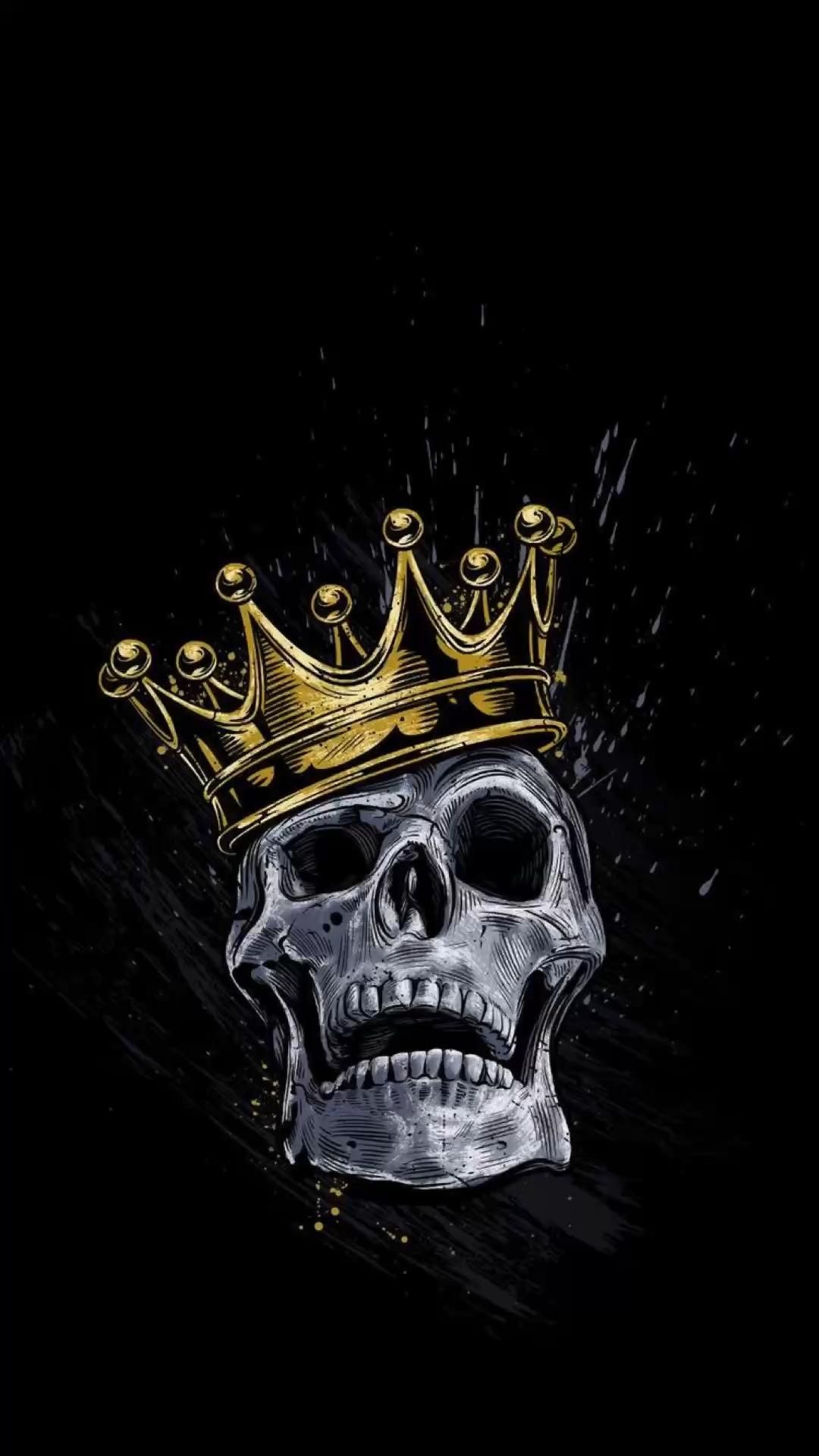 Skull wearing gold crown, Hatched ink drawing style, Gold paint speckles, Full HD Phone wallpaper