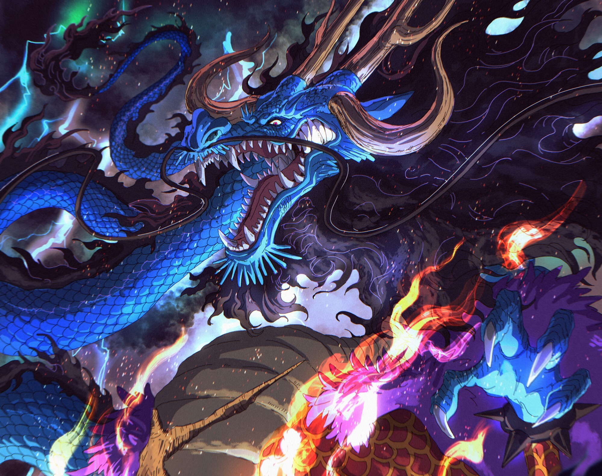 Kaido, Azure dragon form, Coiling blue serpent, Flame breath, Storm clouds, HD Desktop wallpaper