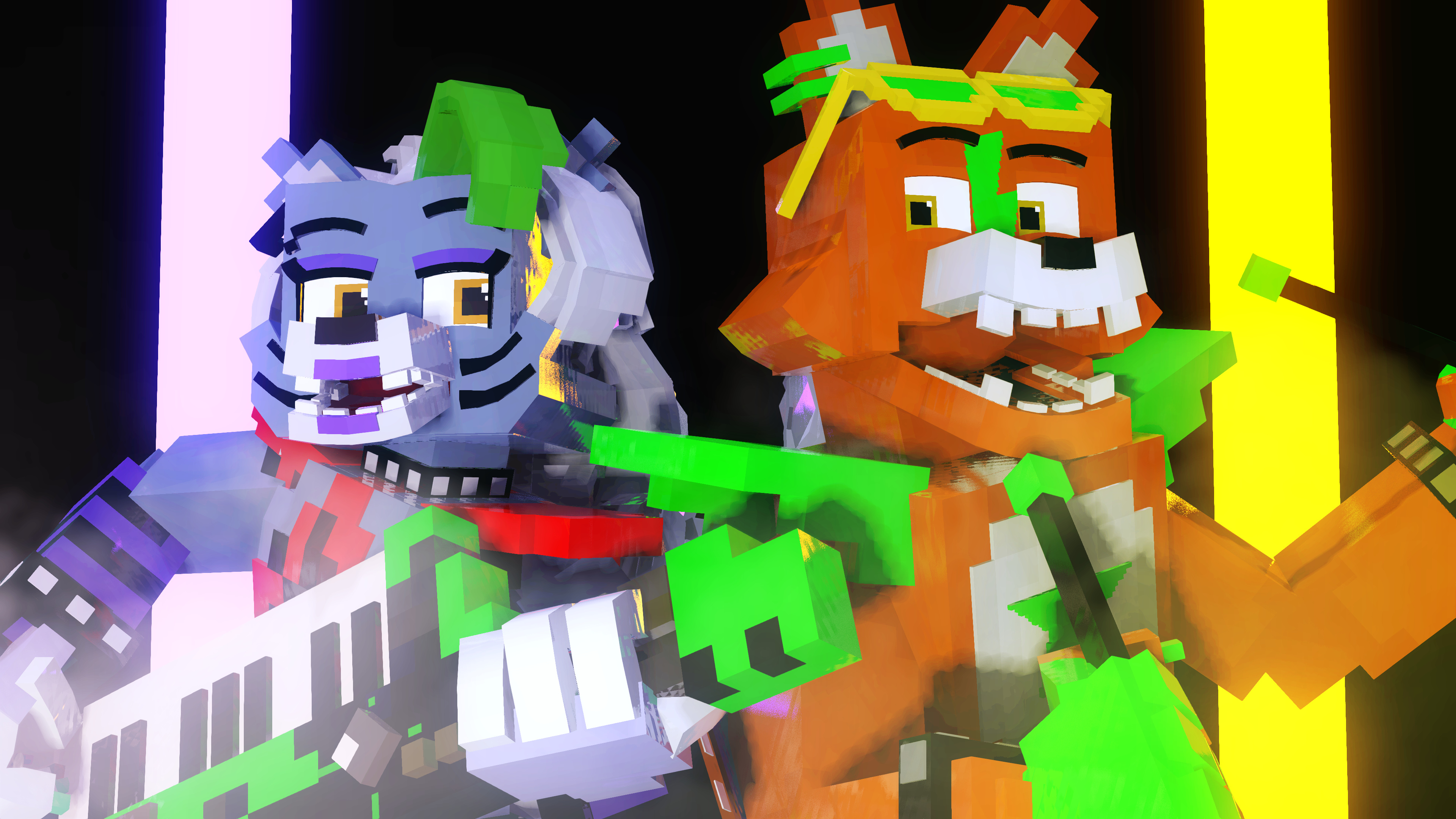 Roxanne Wolf, Glamrock Freddy, Voxel 3D render, 4K Desktop wallpaper