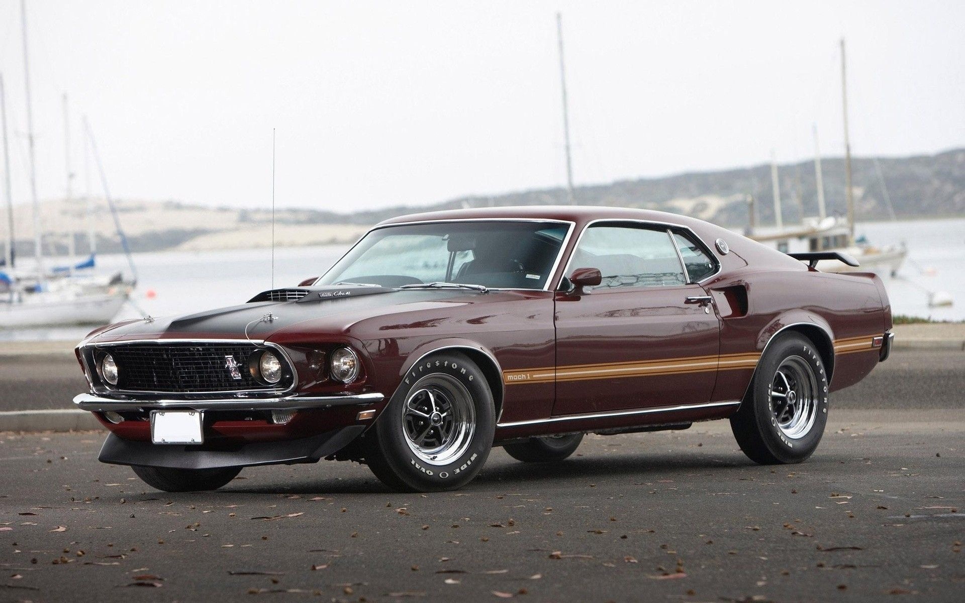 1969 Ford Mustang Mach 1, Sailboats in marina background, Shaker hood scoop, HD Desktop wallpaper