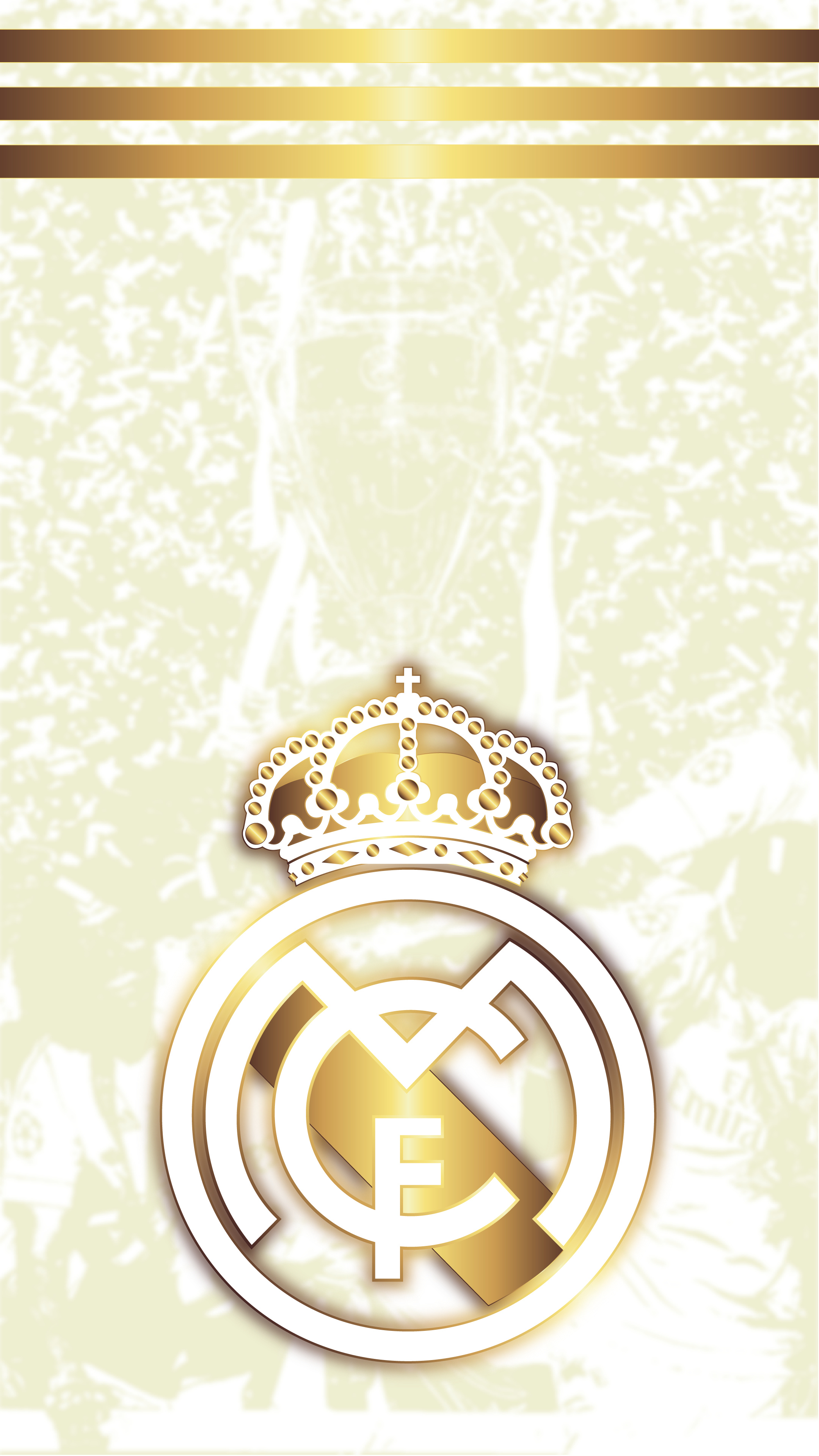 Real Madrid crest, UEFA Champions League trophy, gold horizontal stripes, 4K Phone wallpaper