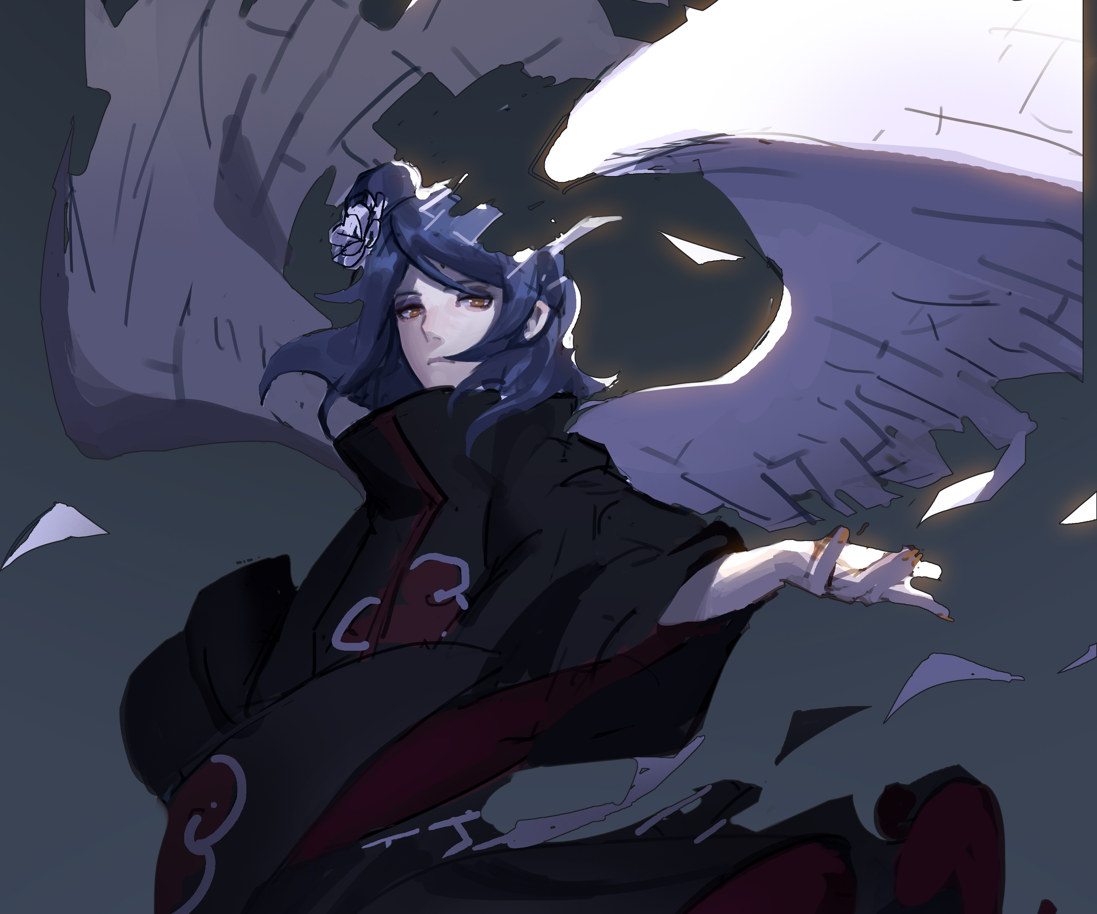 Konan, Akatsuki, Paper angel wings, Blue paper rose, Dark sky, 4K Desktop wallpaper