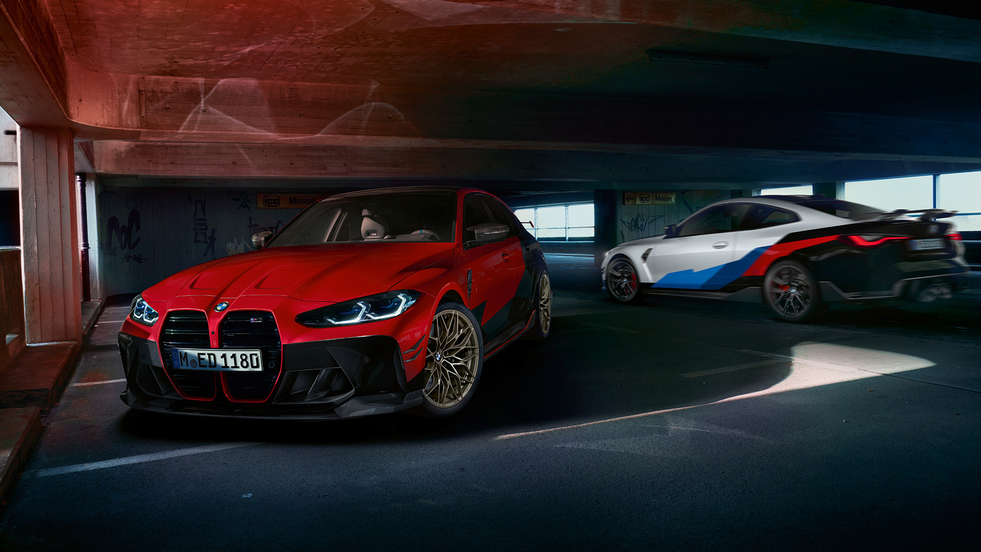 BMW M3 Sedan, BMW M4 Coupe, BMW M Performance Parts, Concrete parking garage, HD Desktop wallpaper