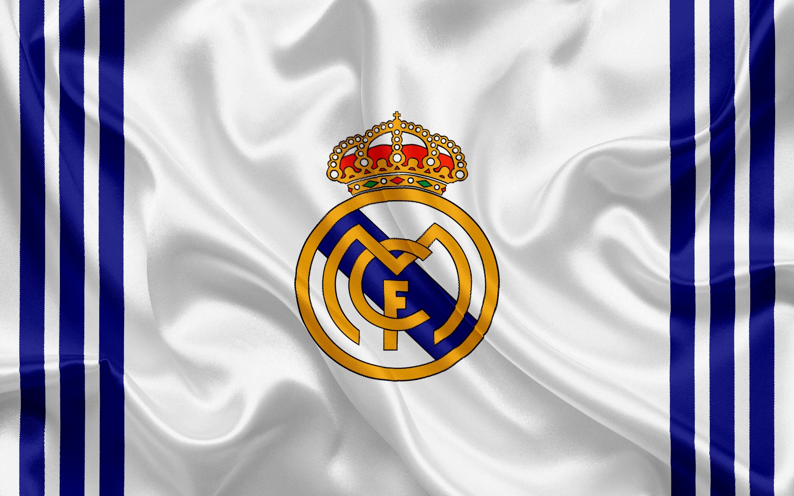 Real Madrid CF crest, blue vertical stripes, white silk fabric, HD Desktop wallpaper