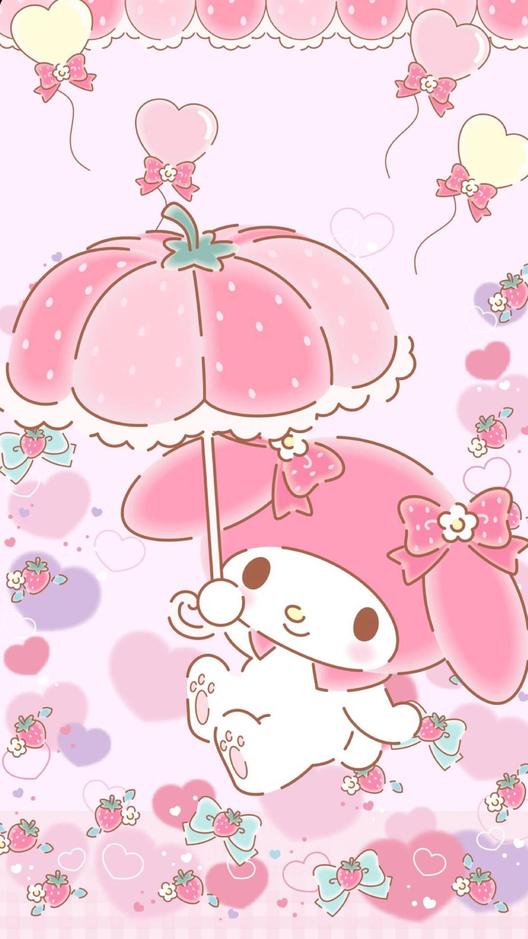 My Melody, strawberry umbrella, heart balloons, Full HD Phone wallpaper