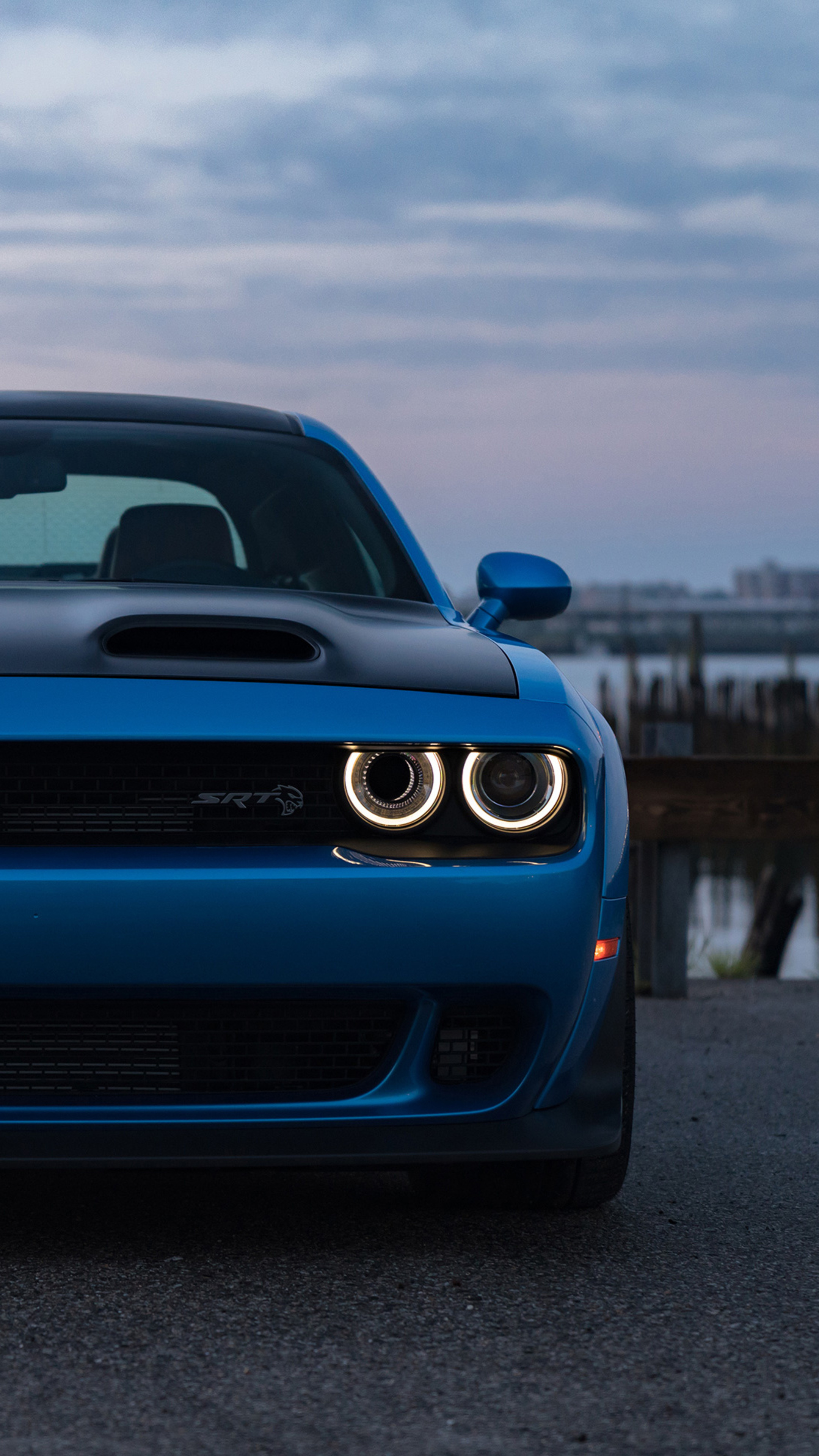 Dodge Challenger SRT Hellcat, SRT Hellcat grille emblem, illuminated halo headlights, 4K Phone wallpaper