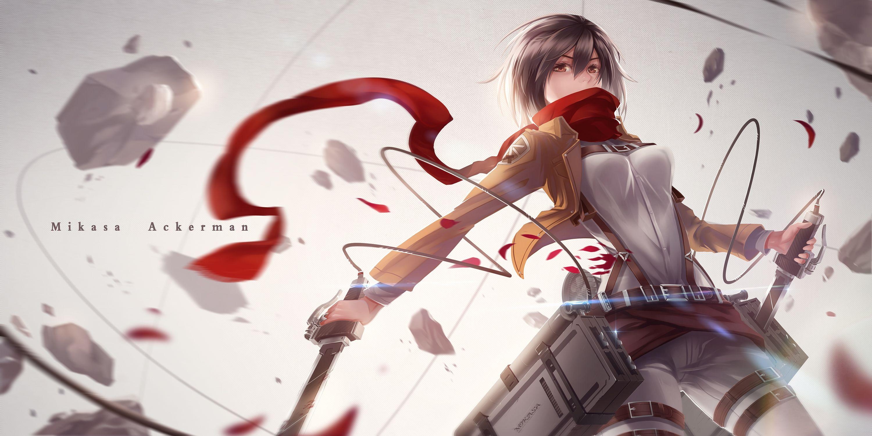 Mikasa Ackerman, omni-directional mobility gear, red scarf, Dual Screen Desktop wallpaper