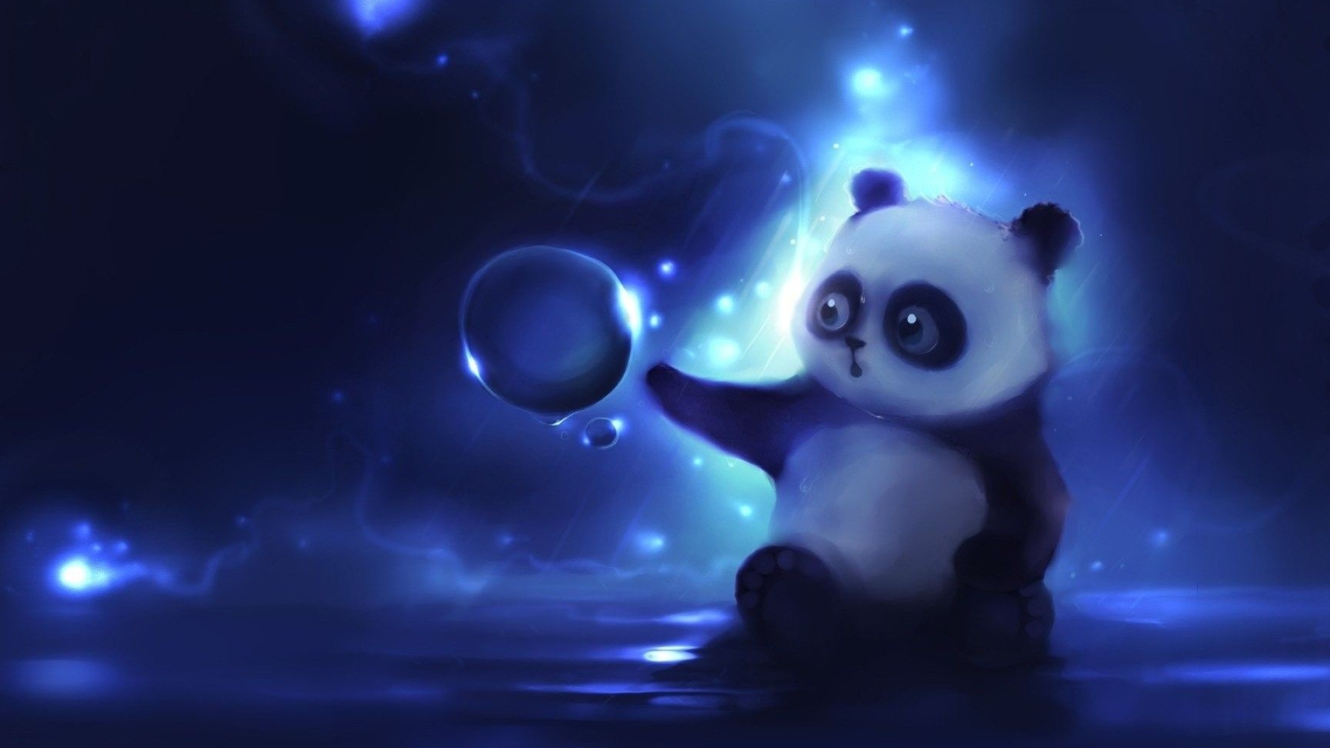 Stylized panda cub, Floating water droplet, Glowing blue background, Full HD Desktop wallpaper