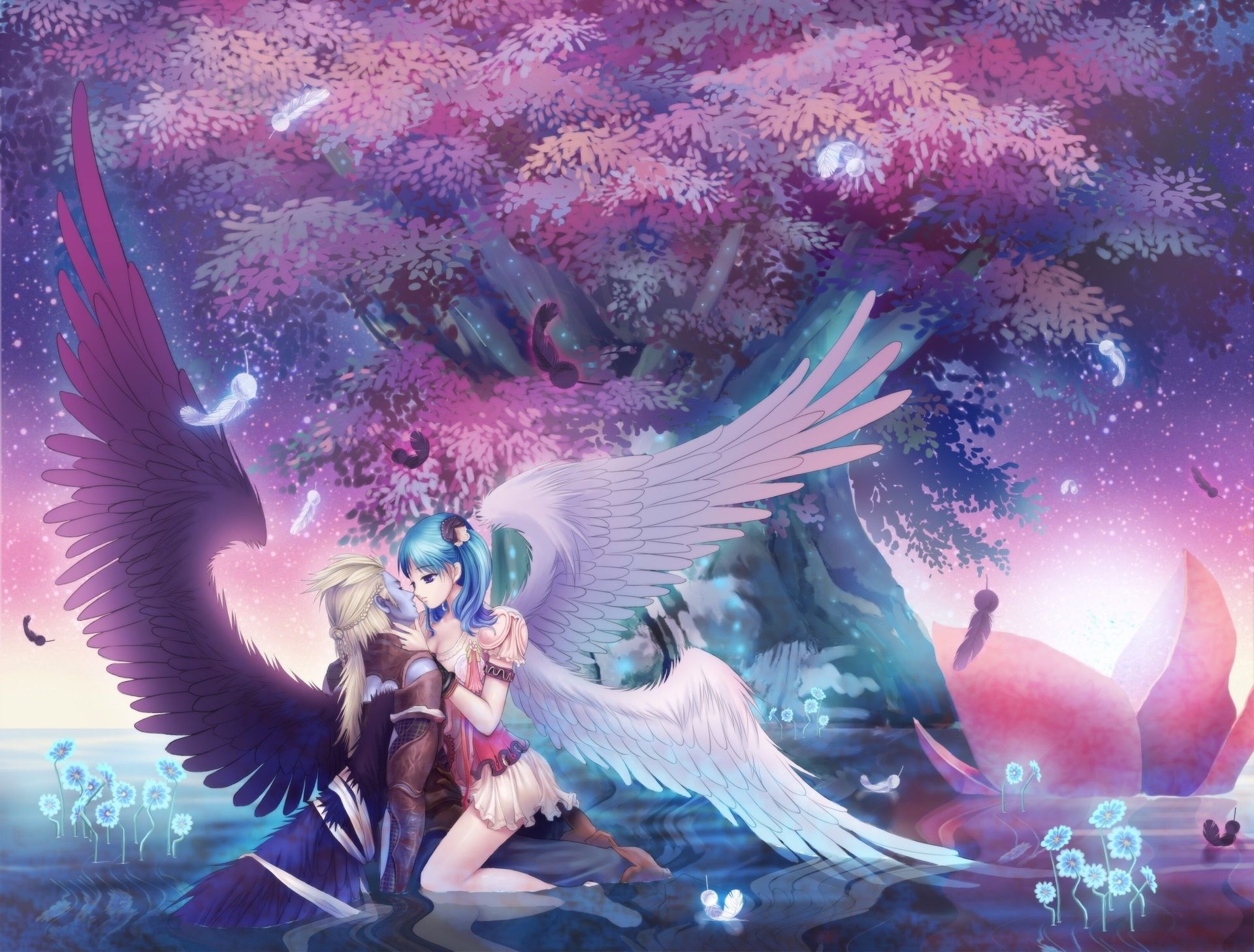 winged anime couple, glowing sakura tree, floating feathers in water, HD Desktop wallpaper