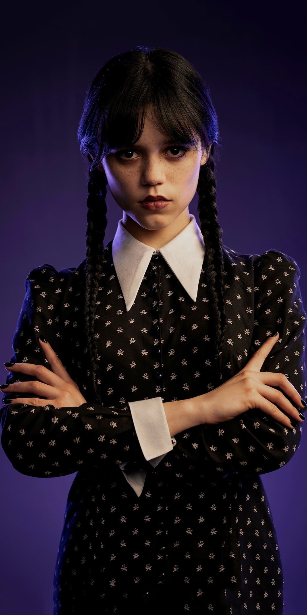 Wednesday Addams, Jenna Ortega, black patterned collared dress, HD Phone wallpaper