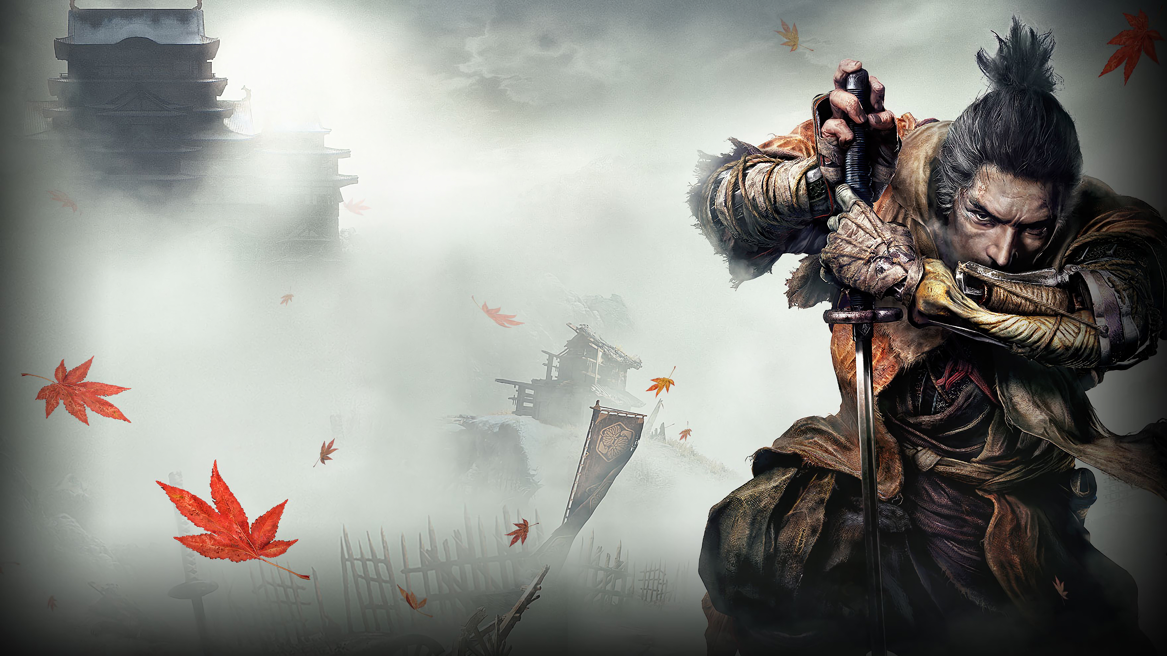 Sekiro (Wolf), Ashina Castle, red maple leaves, 4K Desktop wallpaper