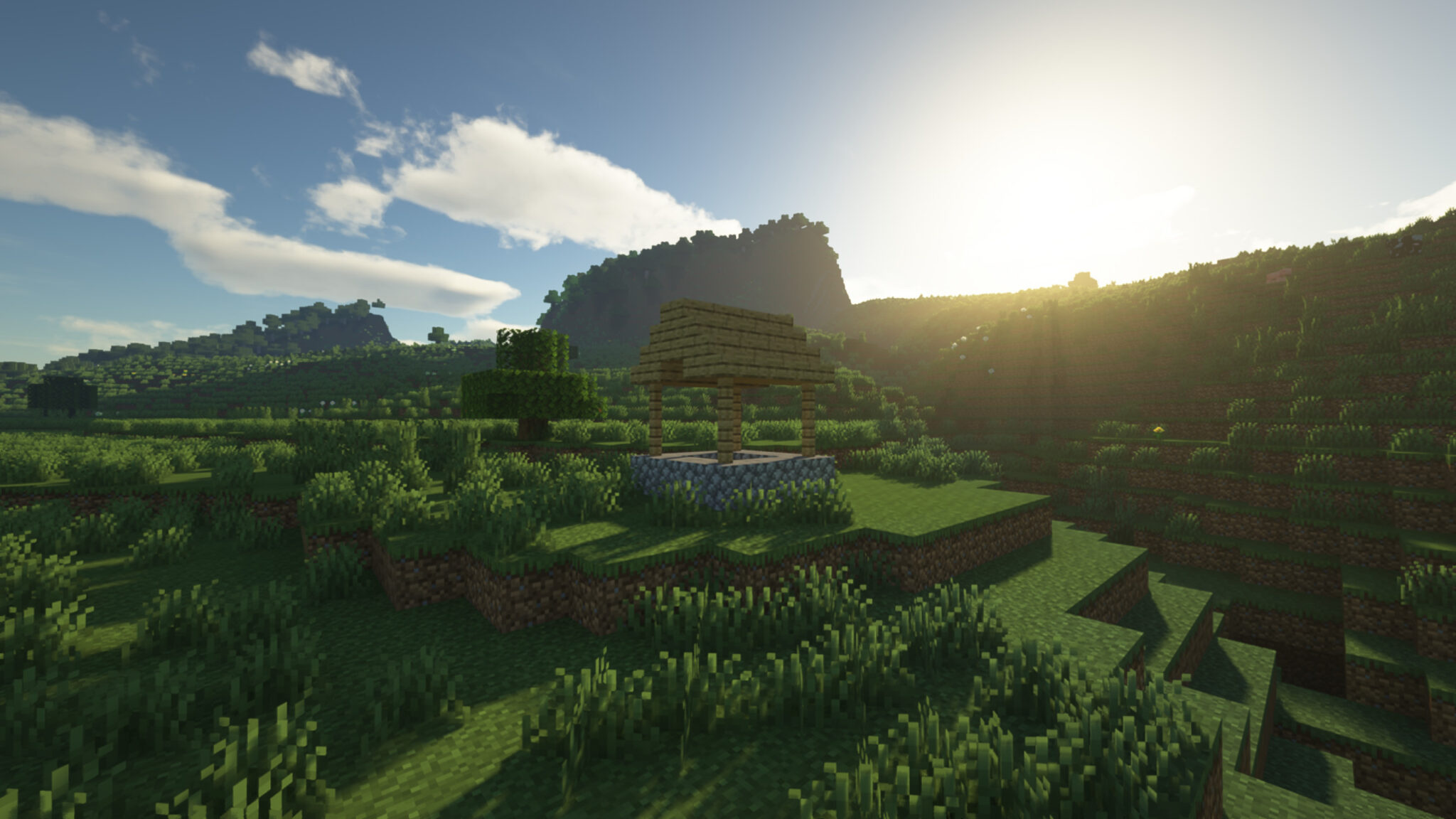 Minecraft village well, Minecraft plains biome, realistic shader sunlight, HD Desktop wallpaper