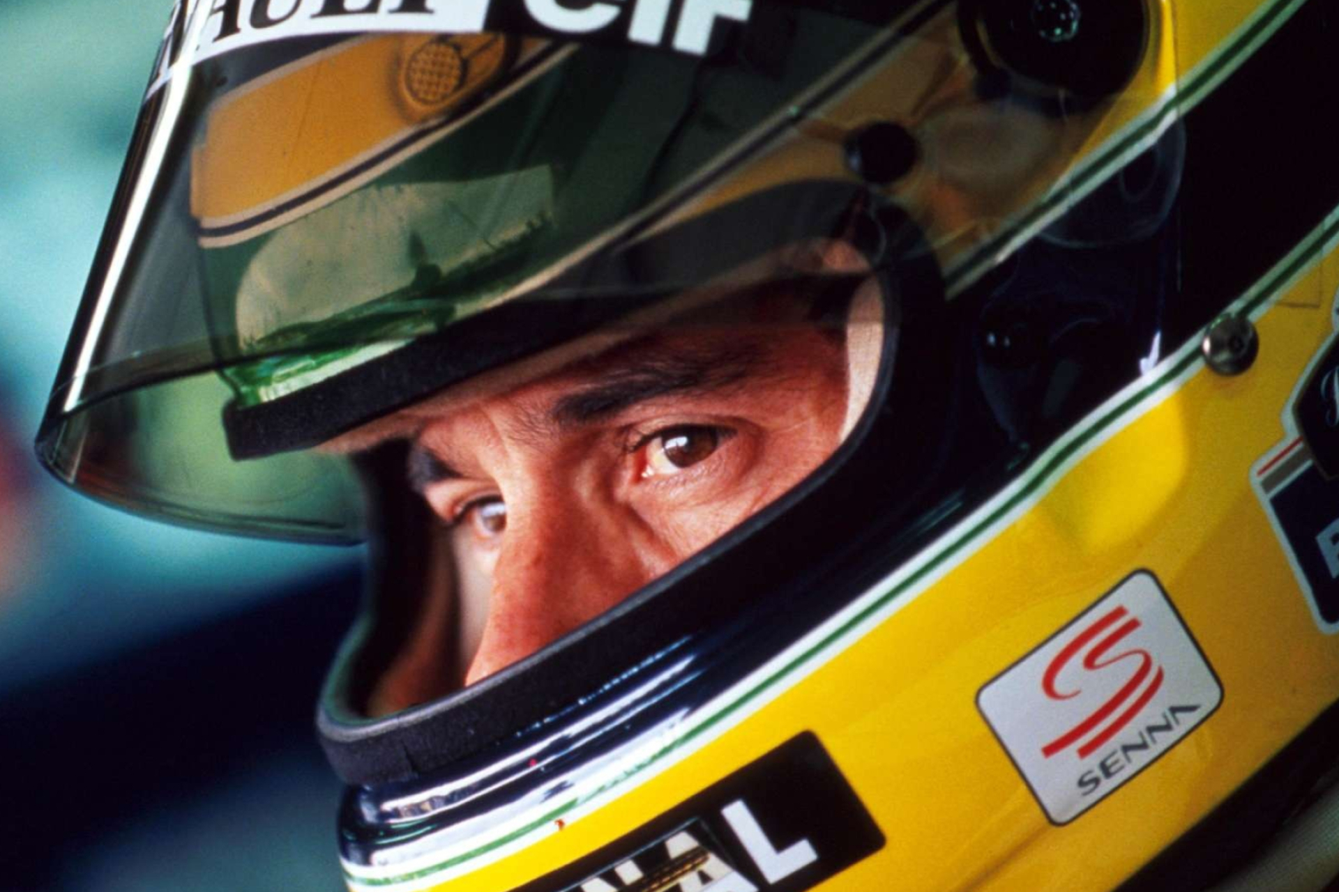 Ayrton Senna, Yellow racing helmet, Helmet visor close-up, HD Desktop wallpaper