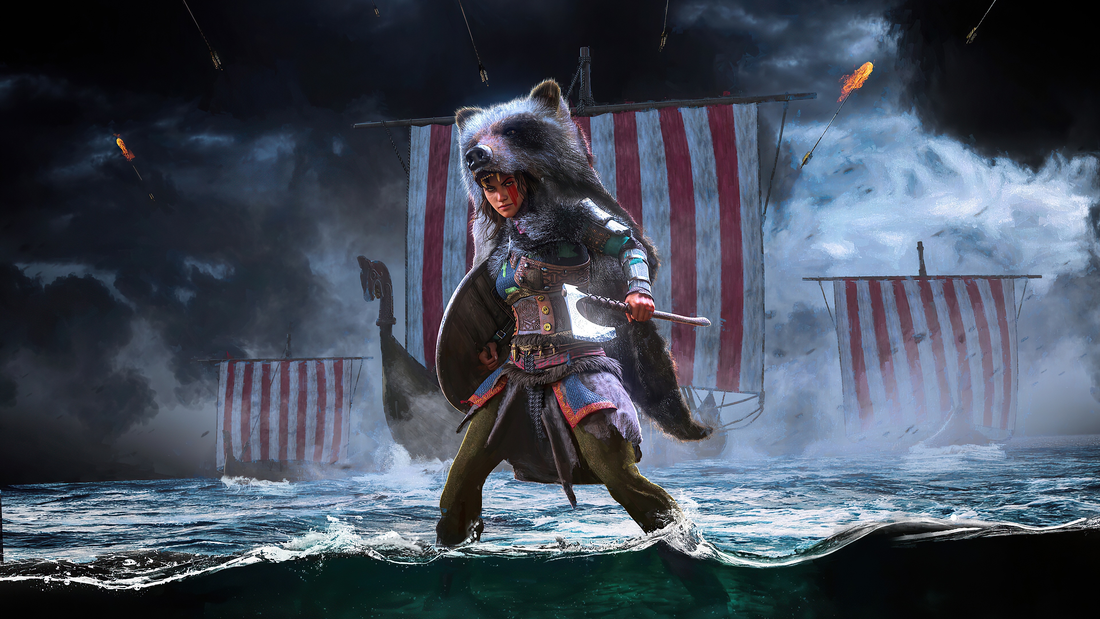 Viking warrior with bear headdress, Viking longships at sea, Fiery arrows in storm sky, 4K Desktop wallpaper