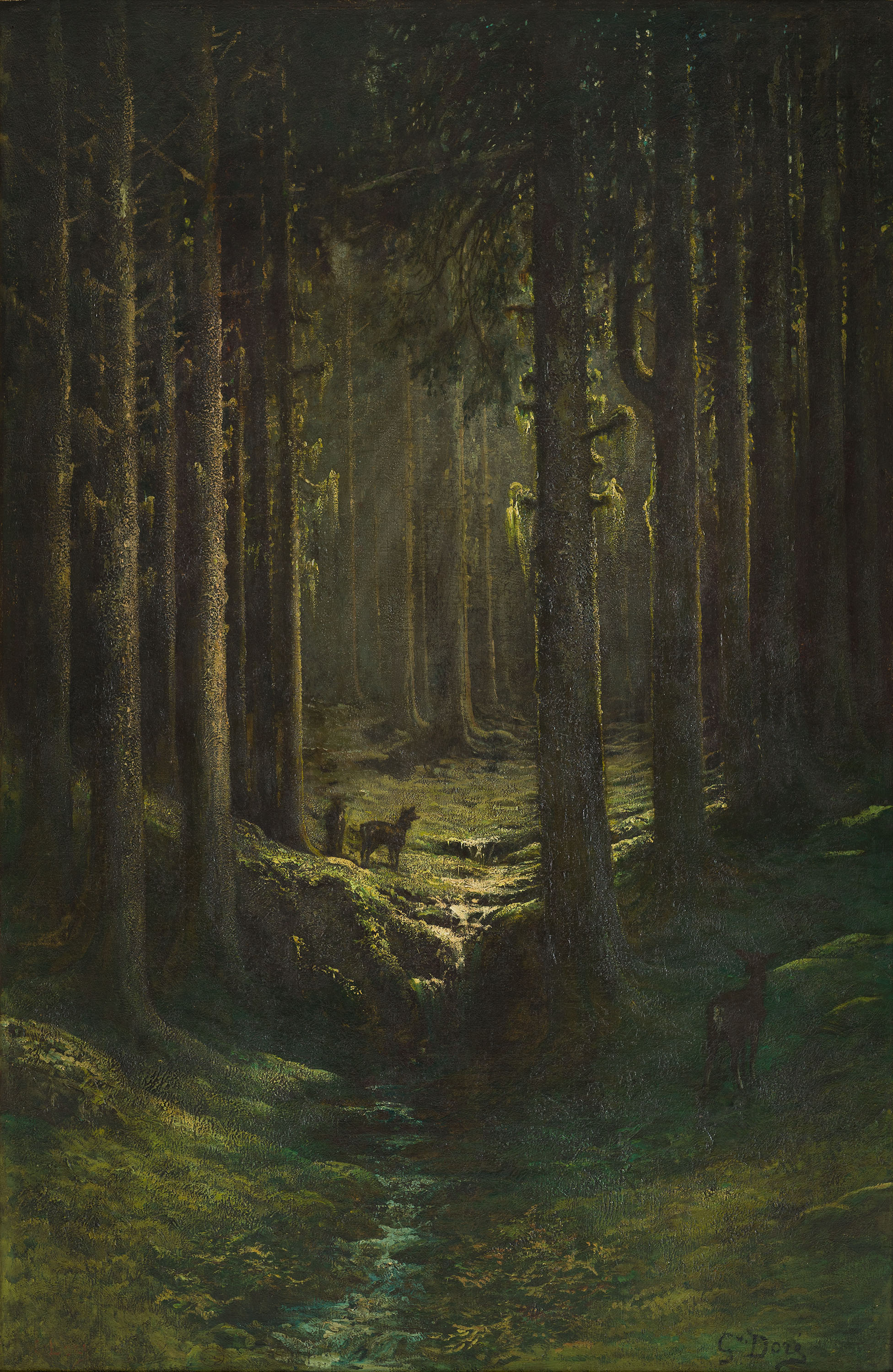 deer in dense woodland, mossy forest stream, HD Phone wallpaper