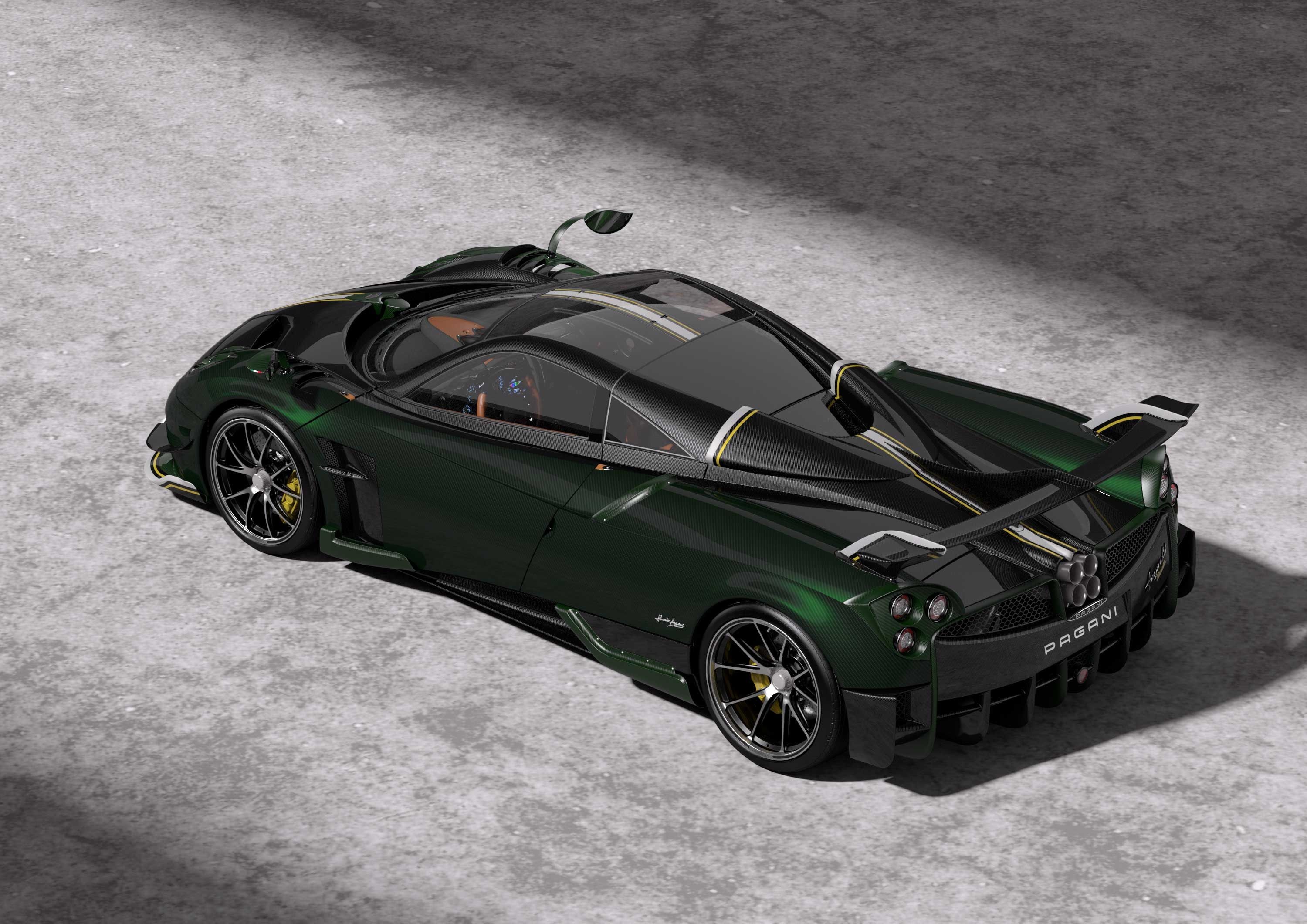 Pagani Imola, Green carbon fiber body, High-angle rear view, HD Desktop wallpaper