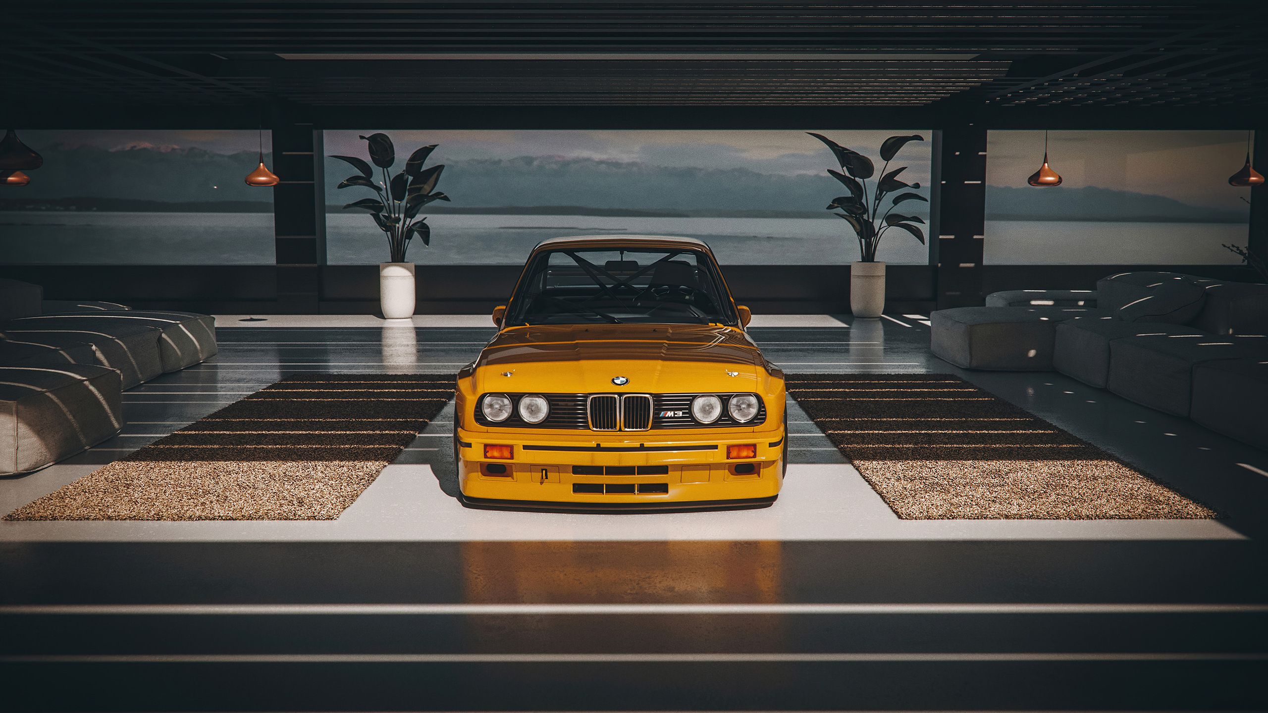 yellow BMW E30 M3, modern minimalist garage lounge, panoramic coastal view, HD Desktop wallpaper