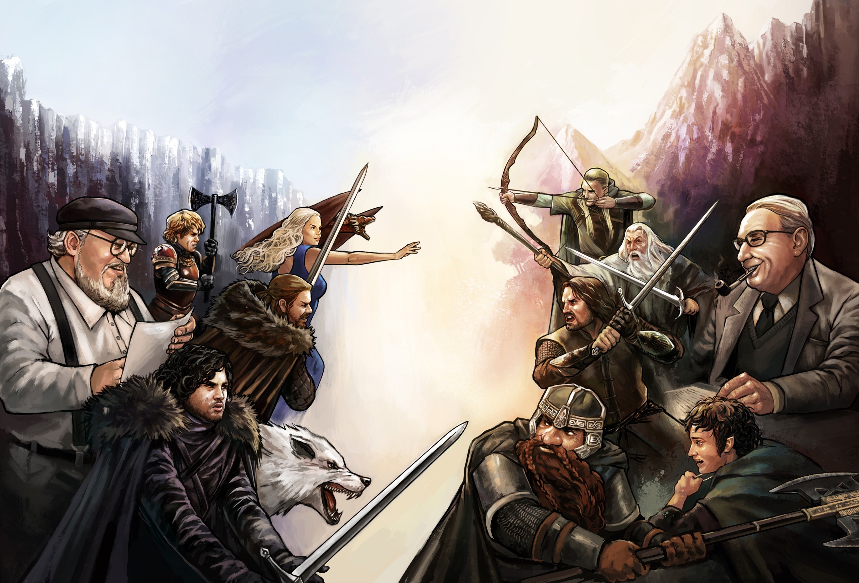 George R. R. Martin, Crossover soldier, Dragon fan art, Jon Snow, 2740x1860 HD Desktop