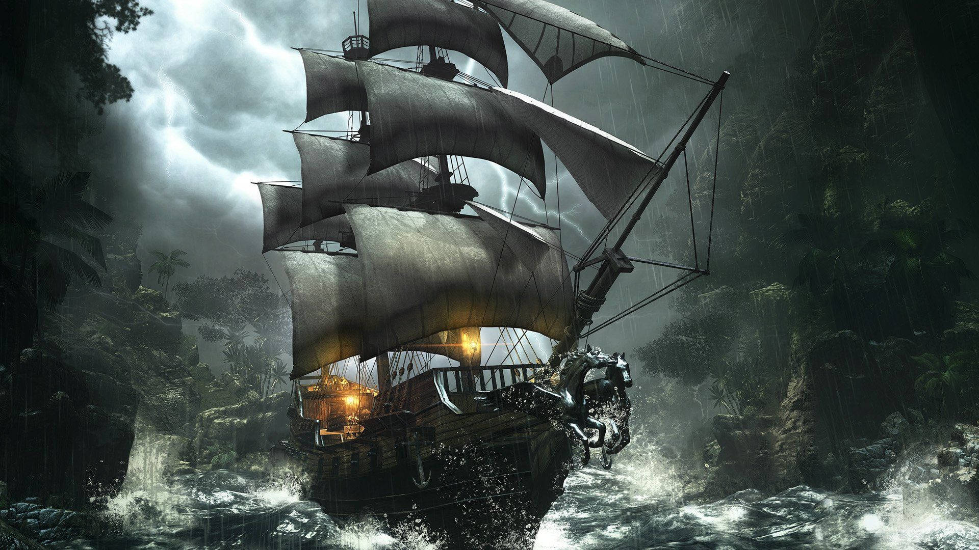 Full-rigged wooden galleon, Rearing horse figurehead, Stormy tropical cove, Full HD Desktop wallpaper