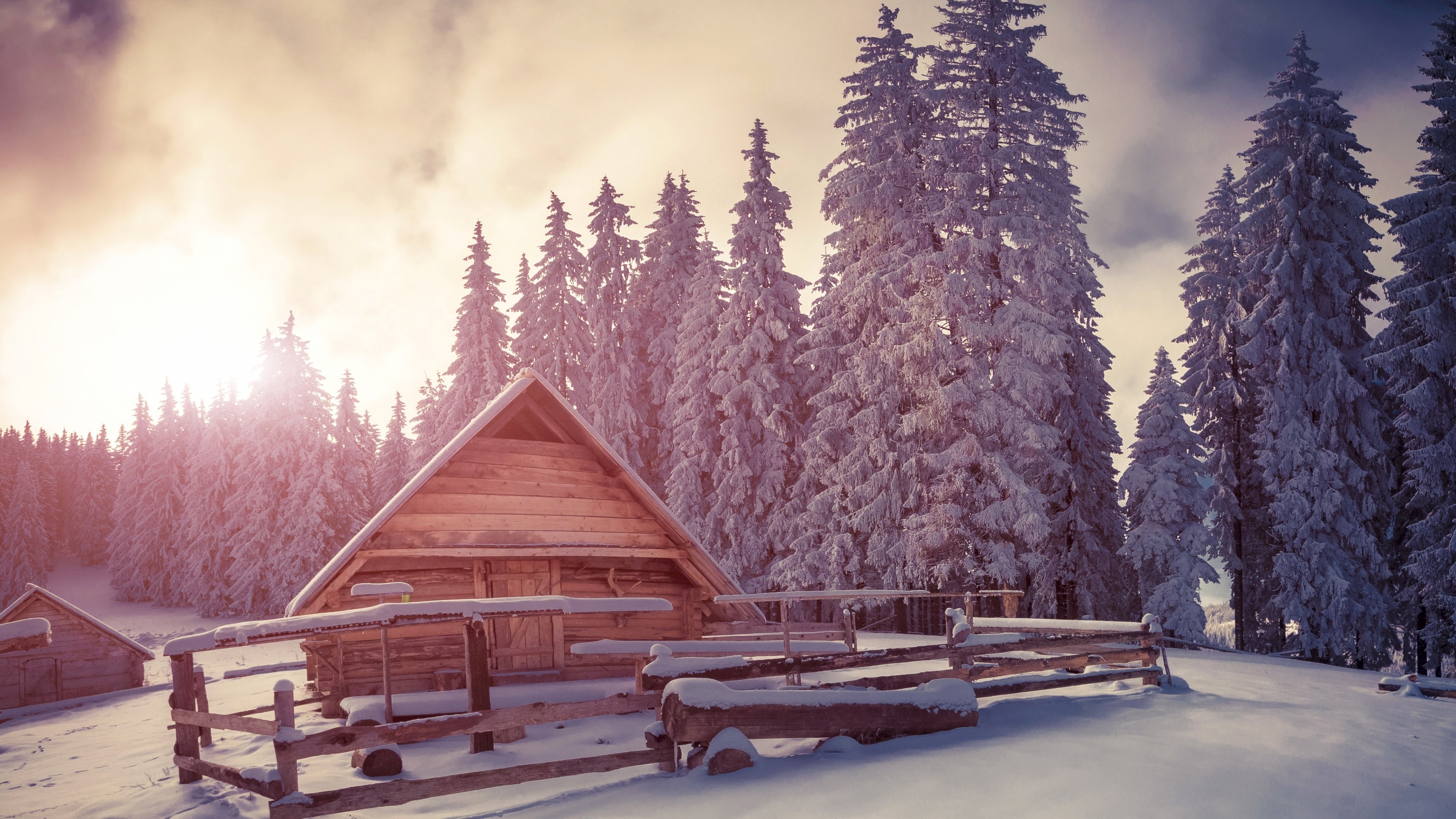 Winter Cabin, Log Cabin Wallpaper, 3840x2160 4K Desktop