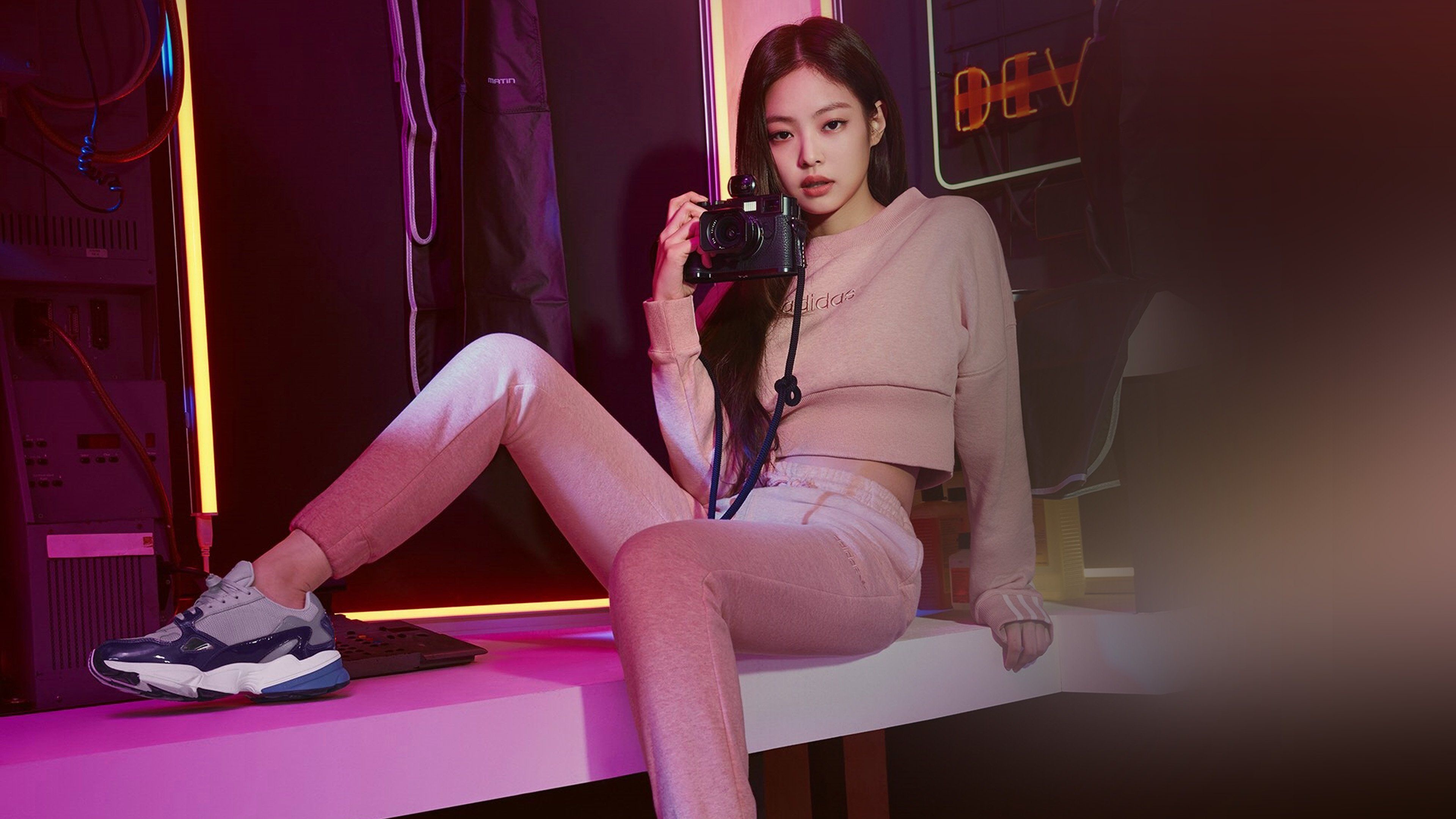 Jennie Kim, Adidas Falcon sneakers, pink Adidas sweatshirt, 4K Desktop wallpaper