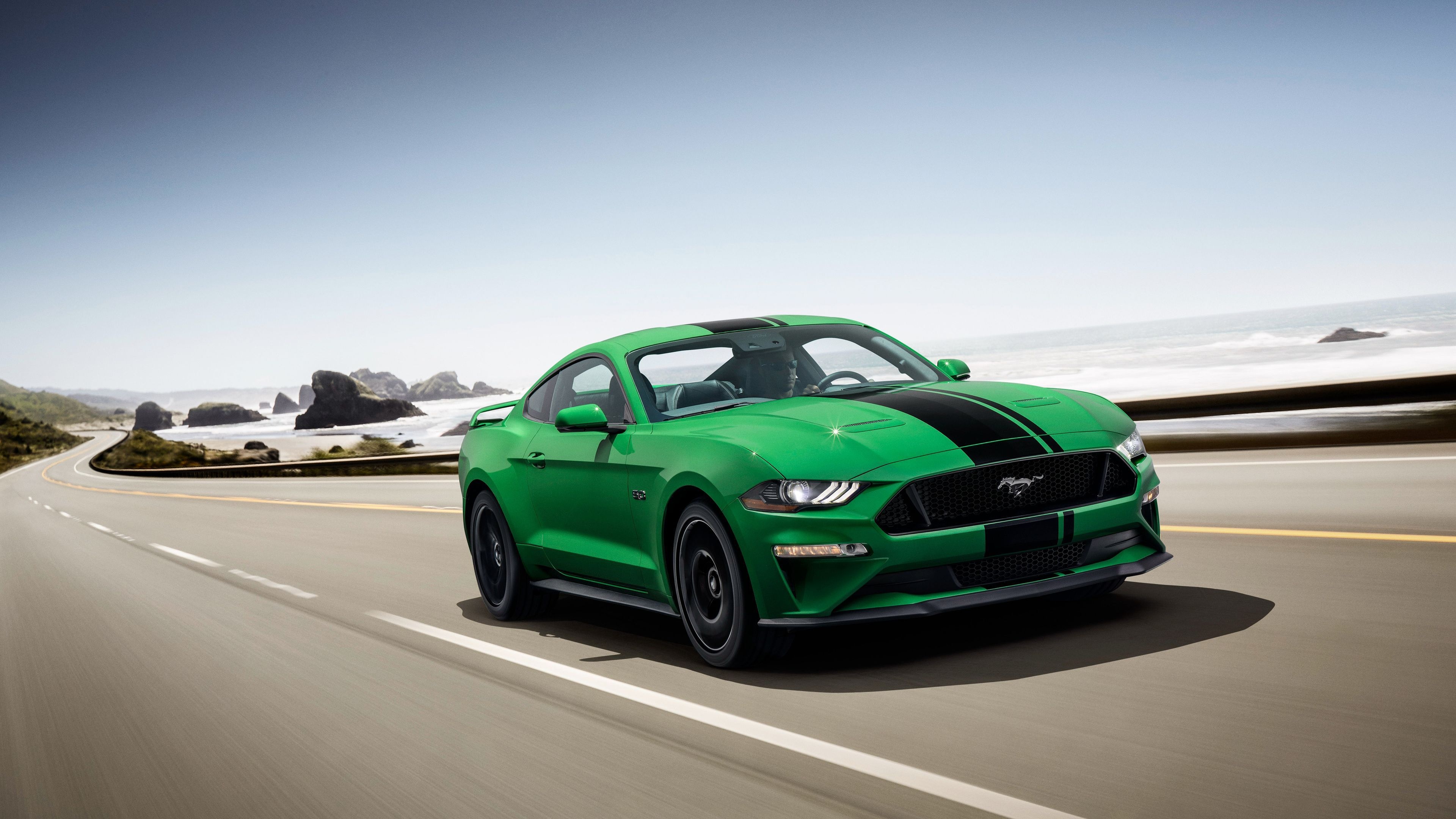 Ford Mustang GT, Coastal highway road, Black center racing stripes, 4K Desktop wallpaper
