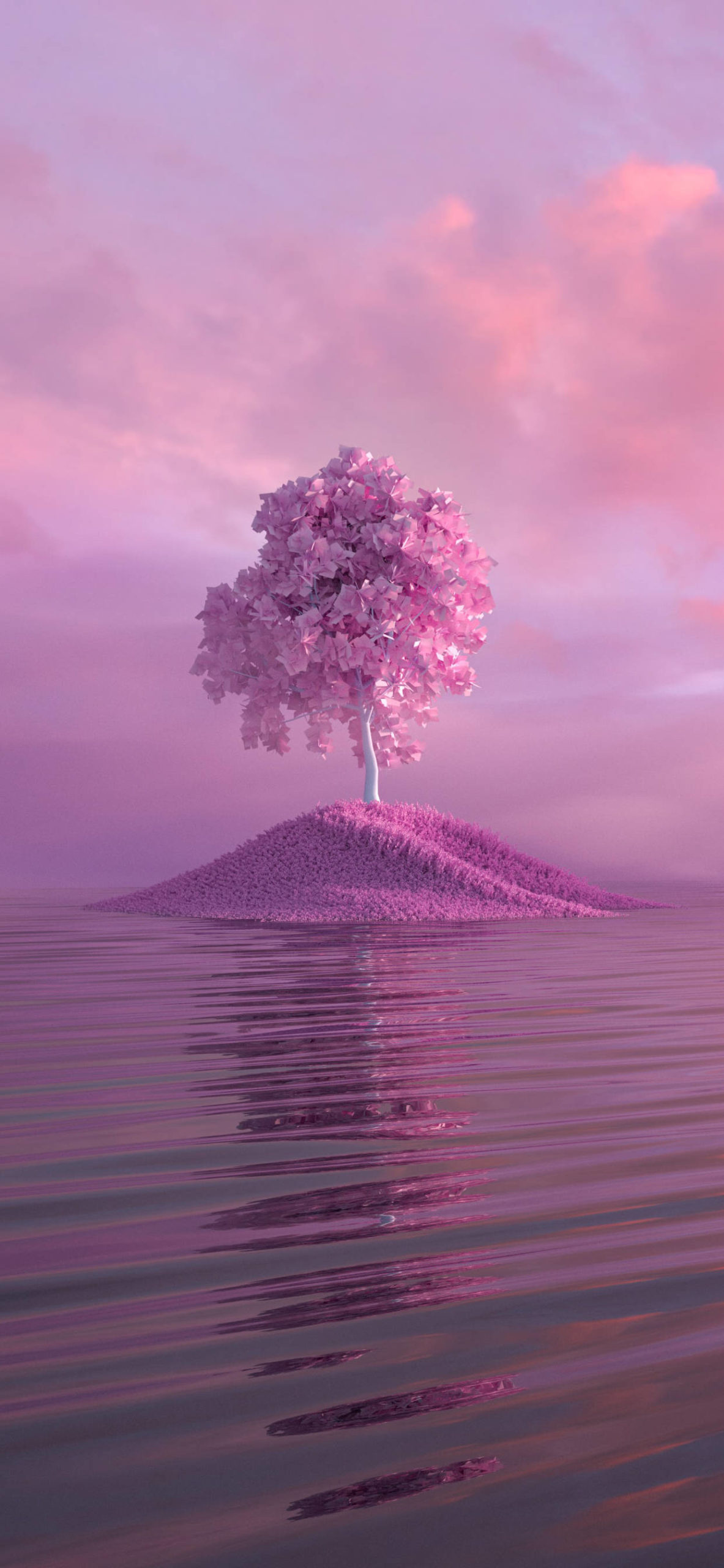 Pink foliage tree, Surreal grassy islet, Rippling pink water, HD Phone wallpaper