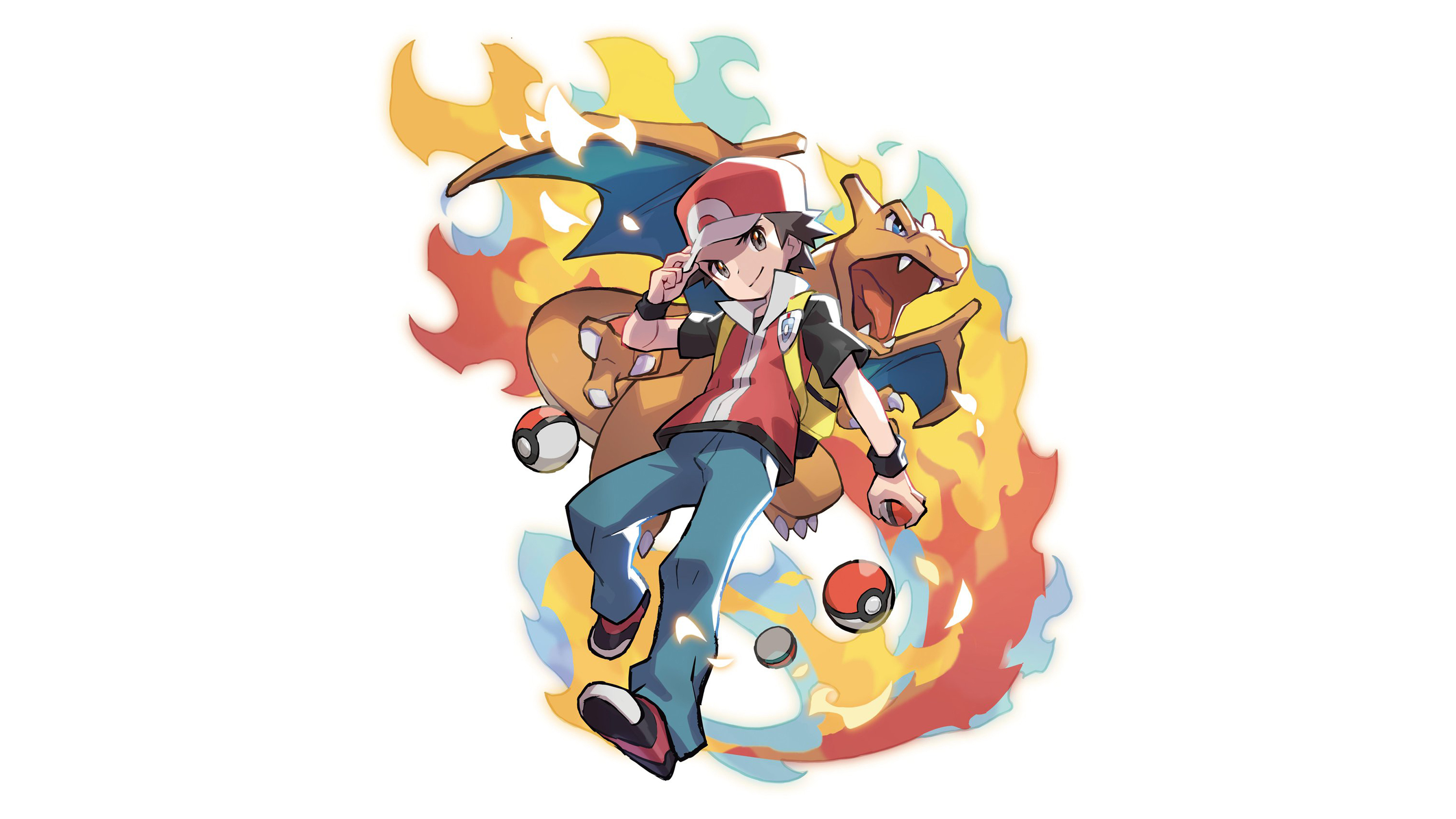Pokemon Trainer Red, Charizard, Poke Balls in flames, 4K Desktop wallpaper