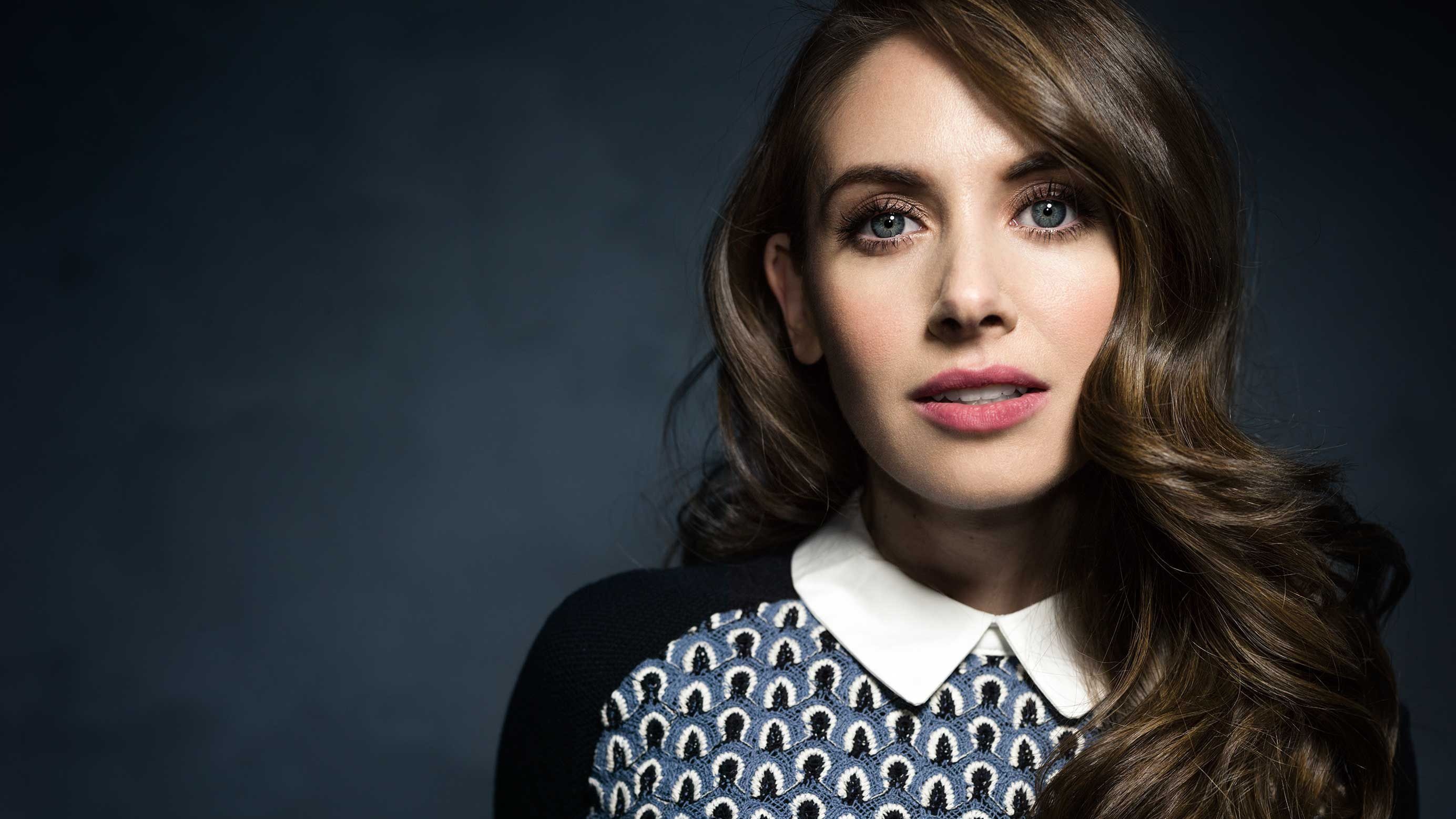 Alison Brie, collared patterned sweater, dark studio portrait, HD Desktop wallpaper